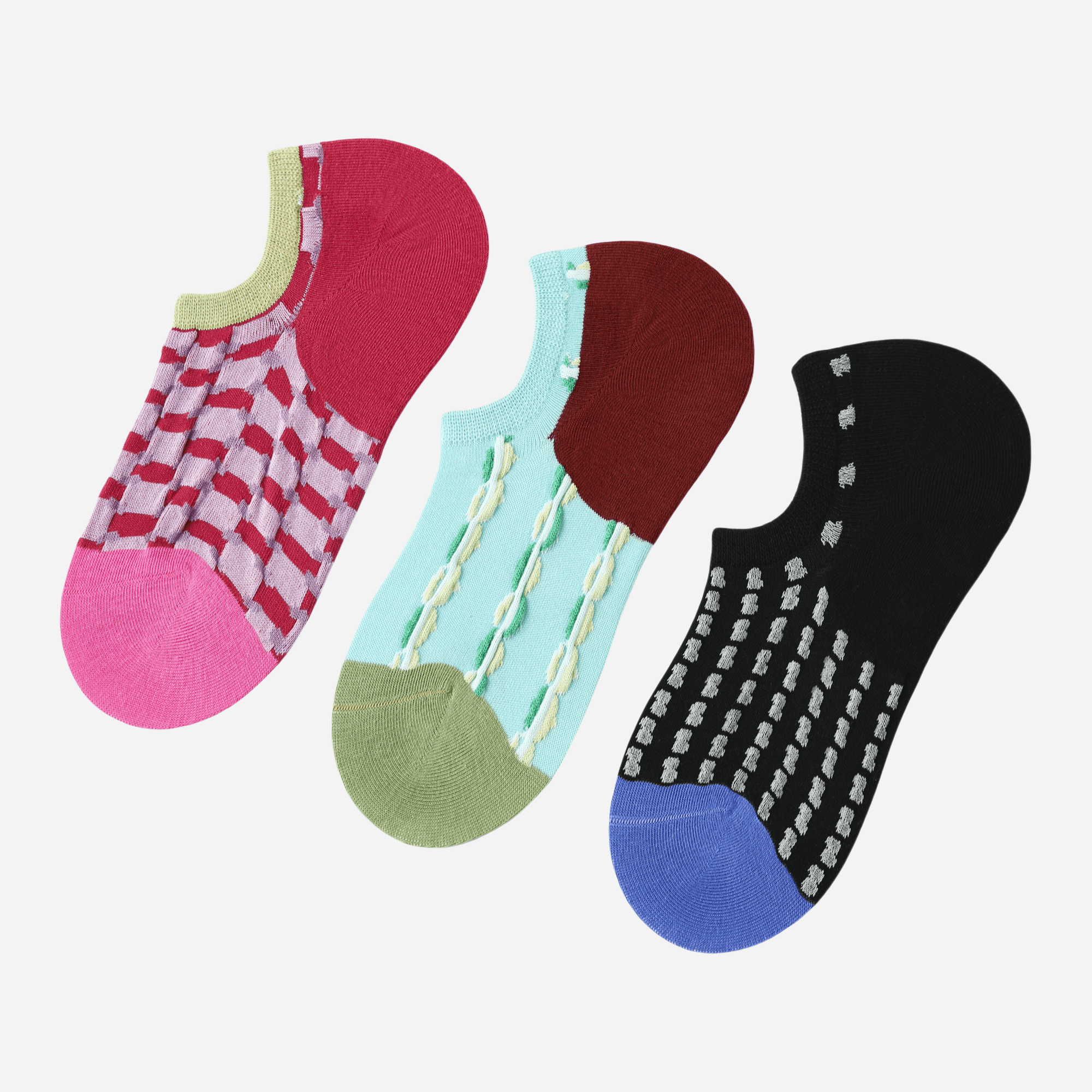 Women's Colorful Patterned No-Show Socks - 3 Pairs