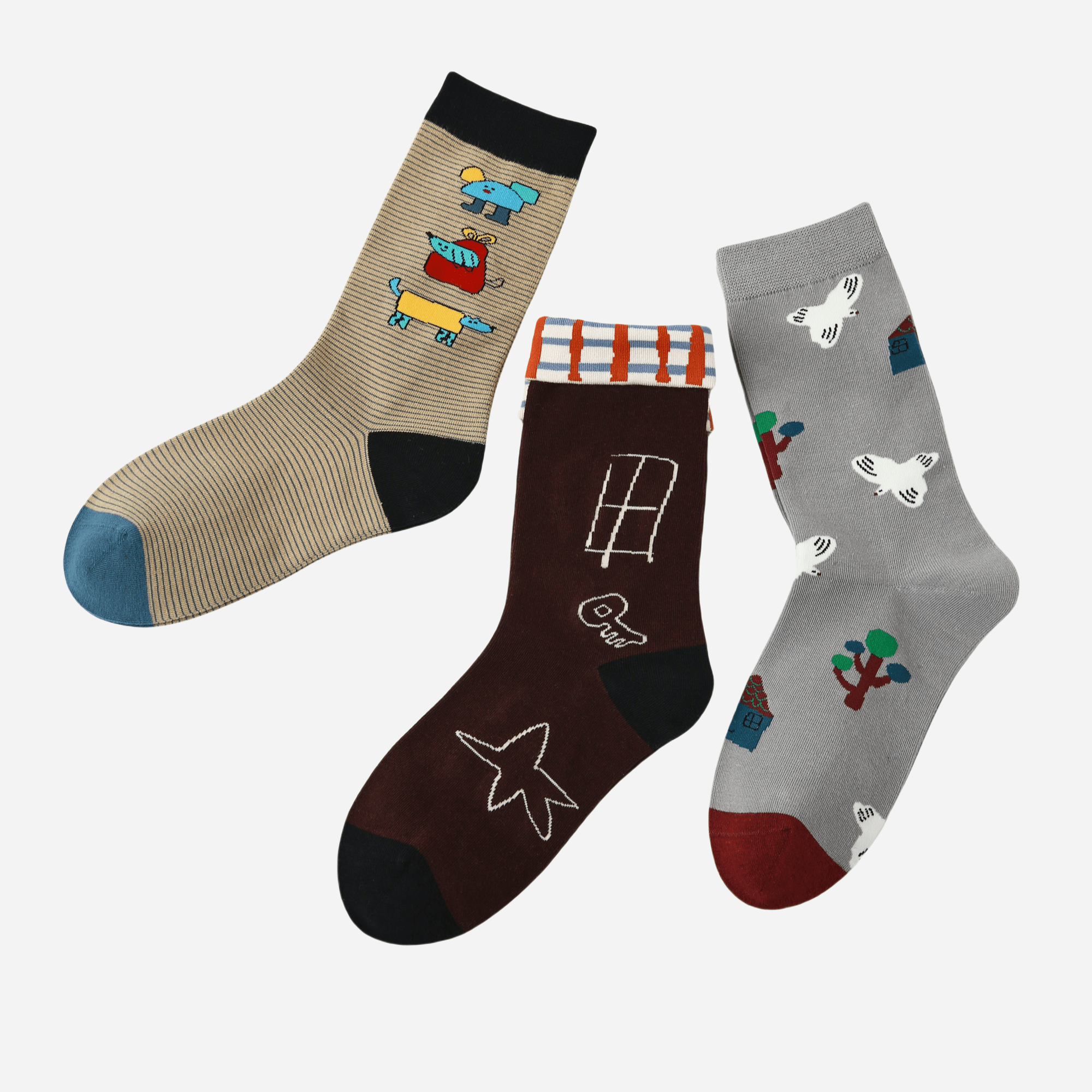 Women's Whimsical Doodle Crew Socks - 3 pairs