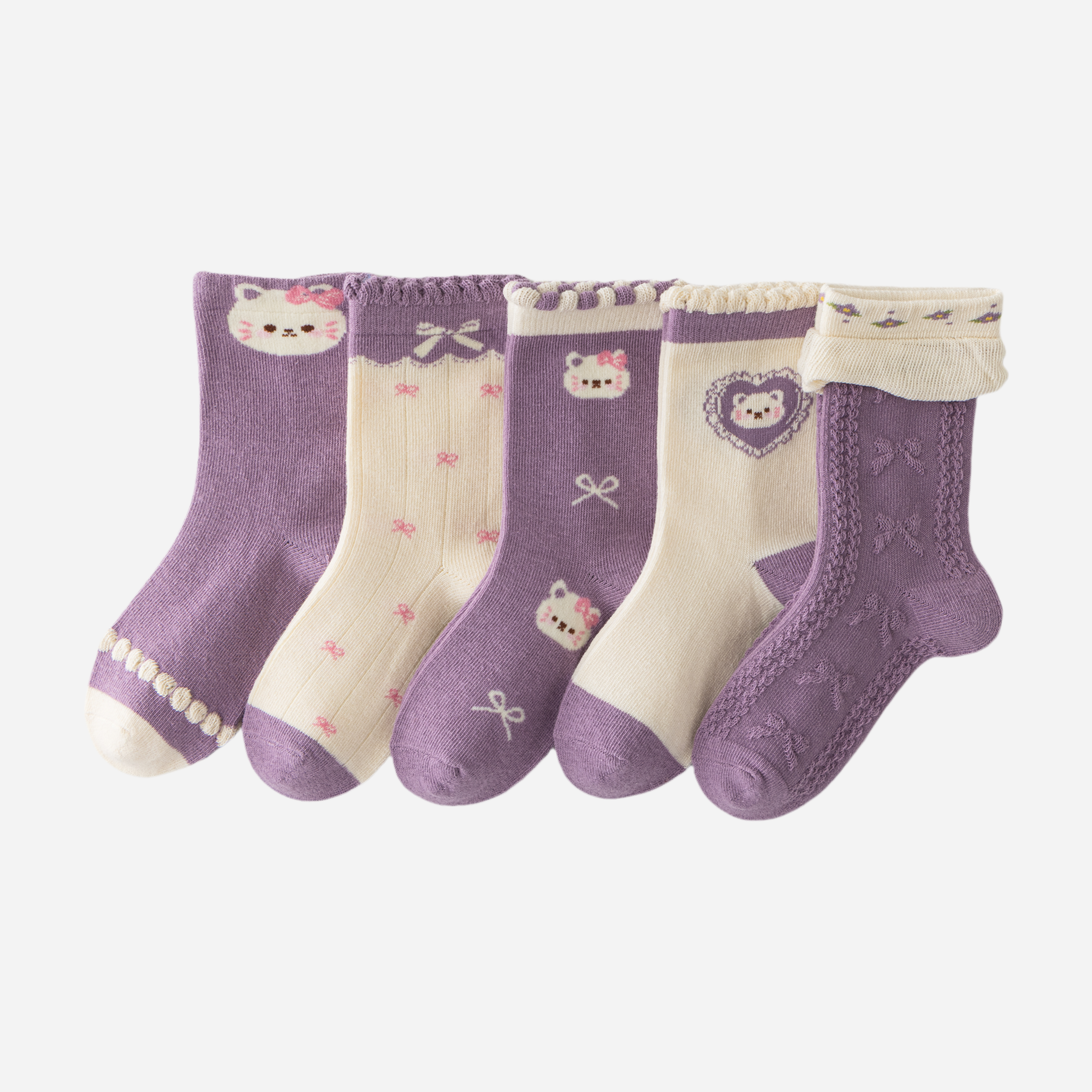 Kid's Lavender Kitten Crew Socks - 5 Pairs