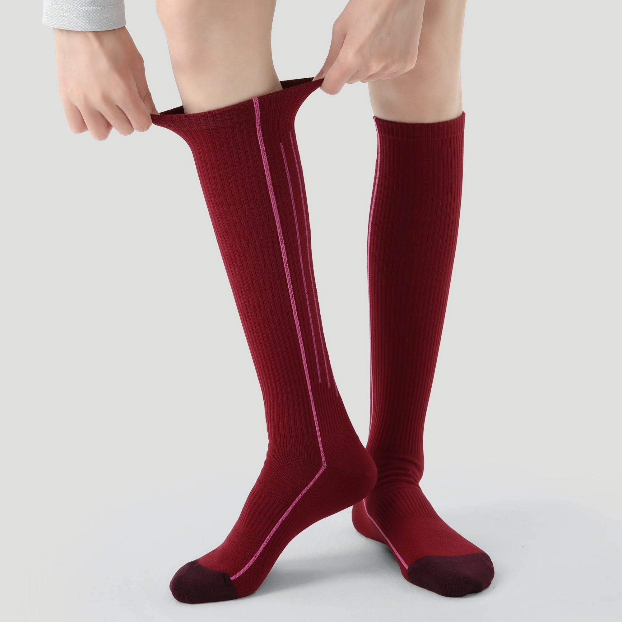 Women's Performance Knee-High Hiking Socks - Maroon & Pink Stripe