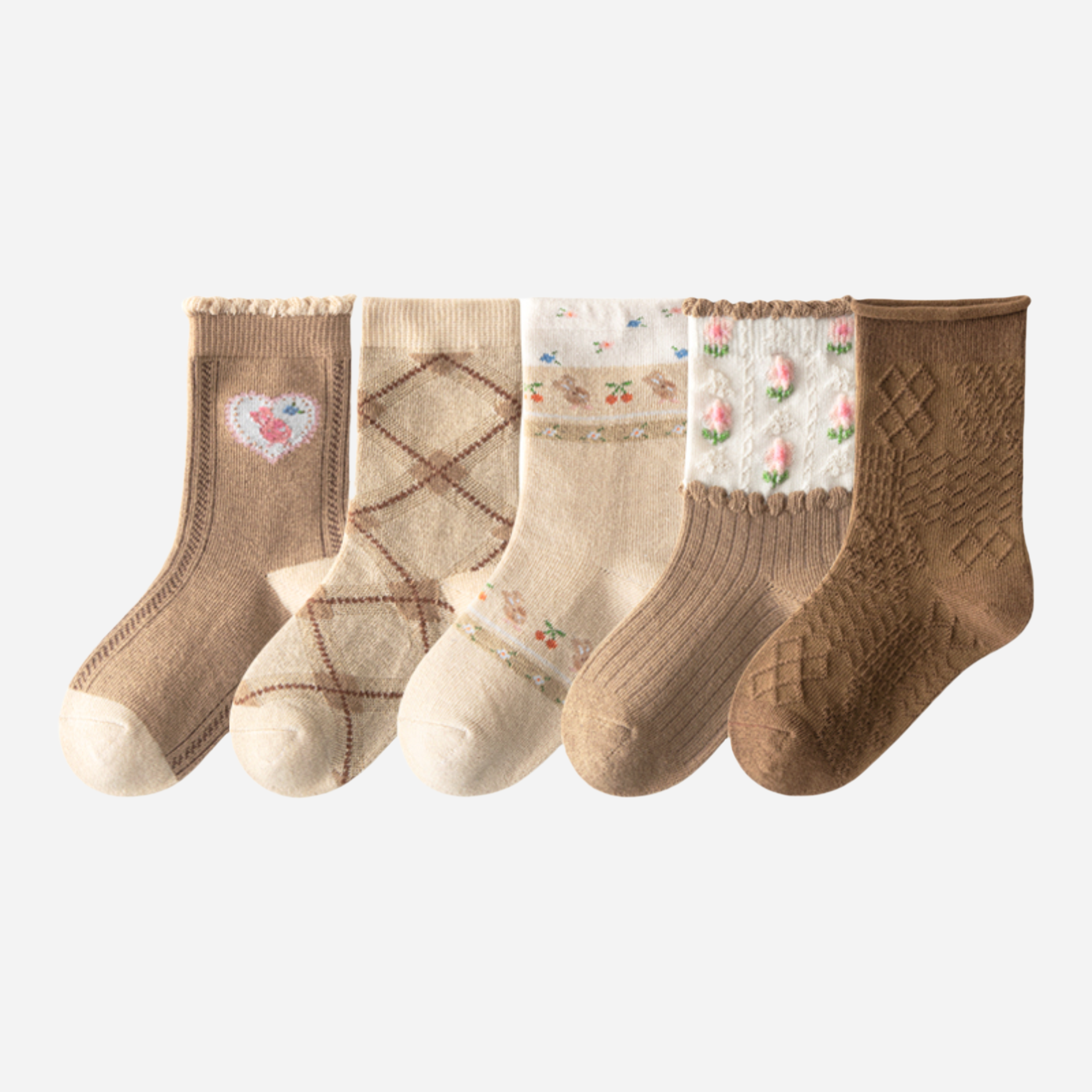 Kid's Girls' Vintage Argyle & Floral Crew Socks - 5 Pairs