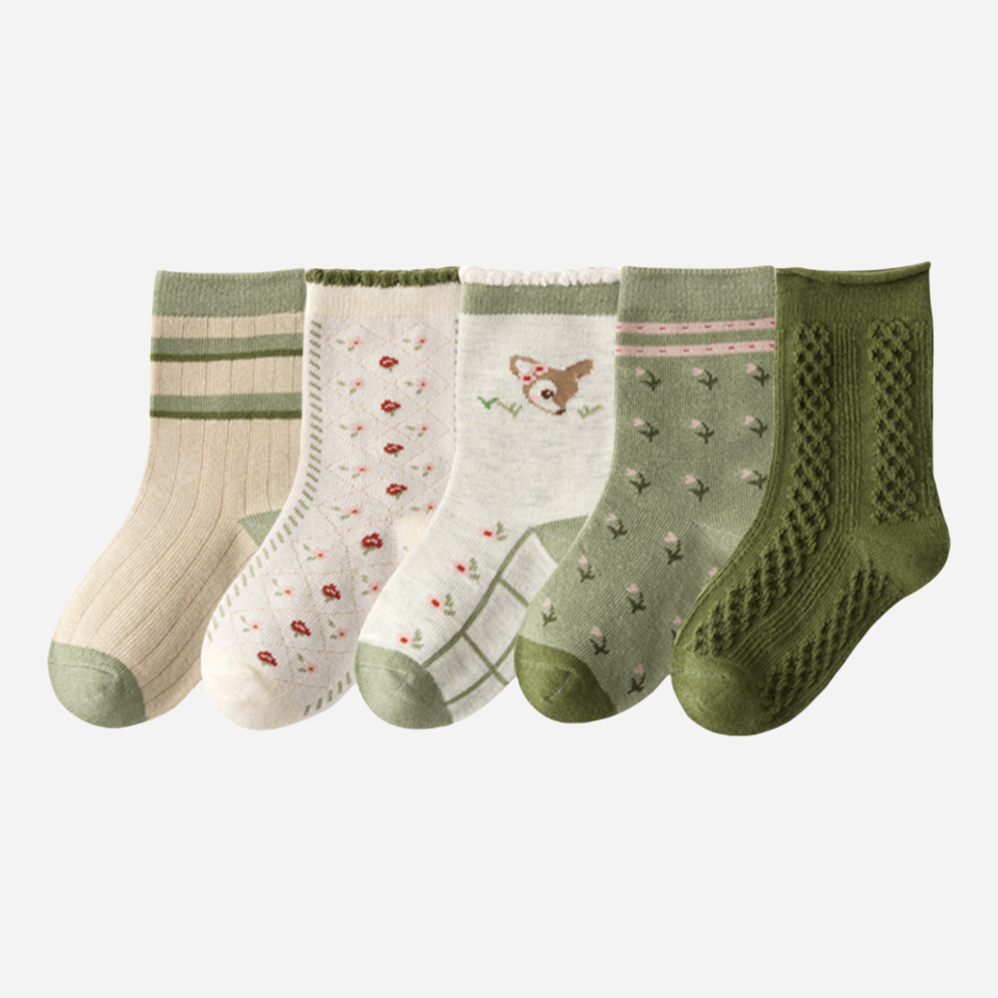 Kid's Girls' Woodland Fawn & Floral Crew Socks - 5 Pairs