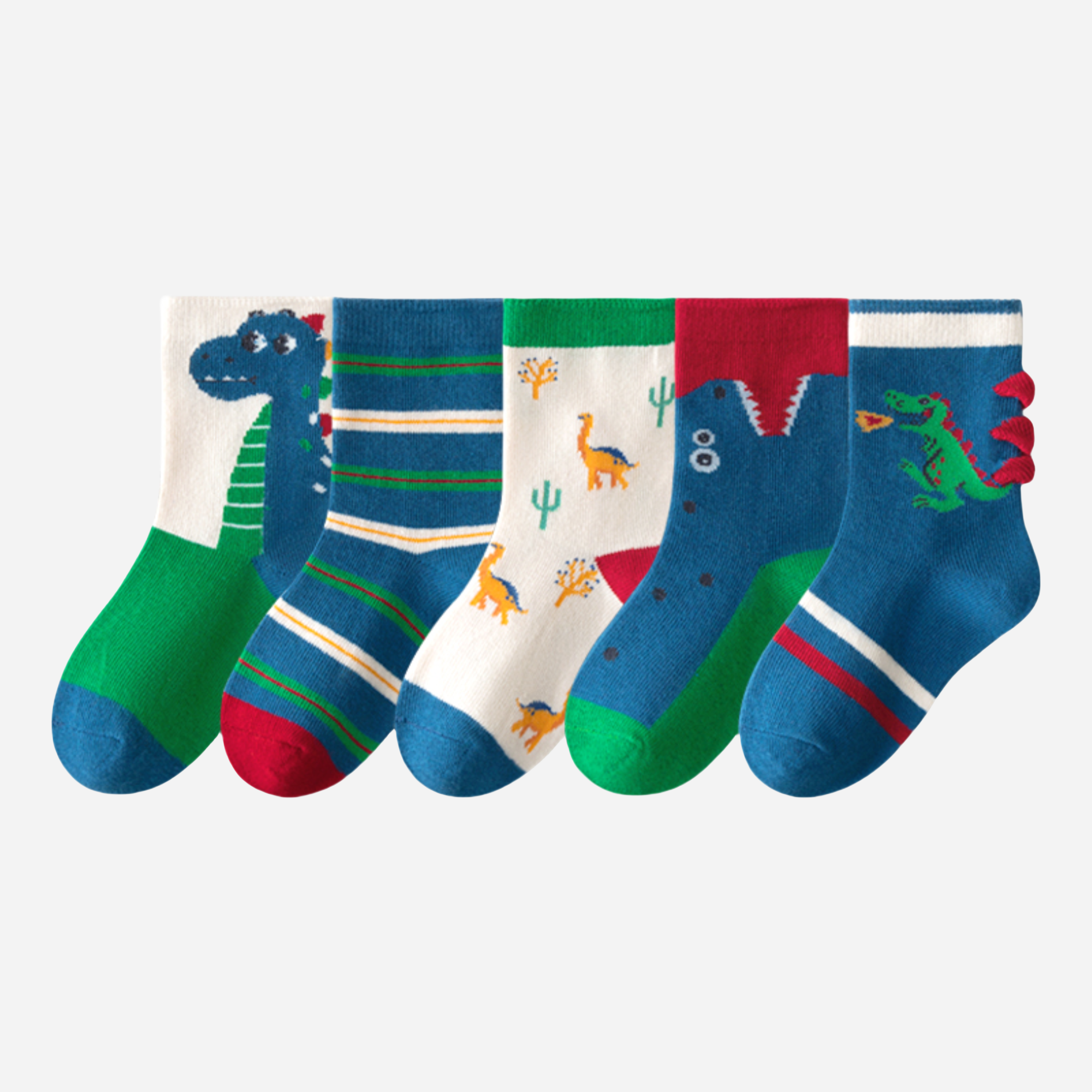 Kid's Boys' Dinosaur & Stripe Crew Socks - 5 Pairs