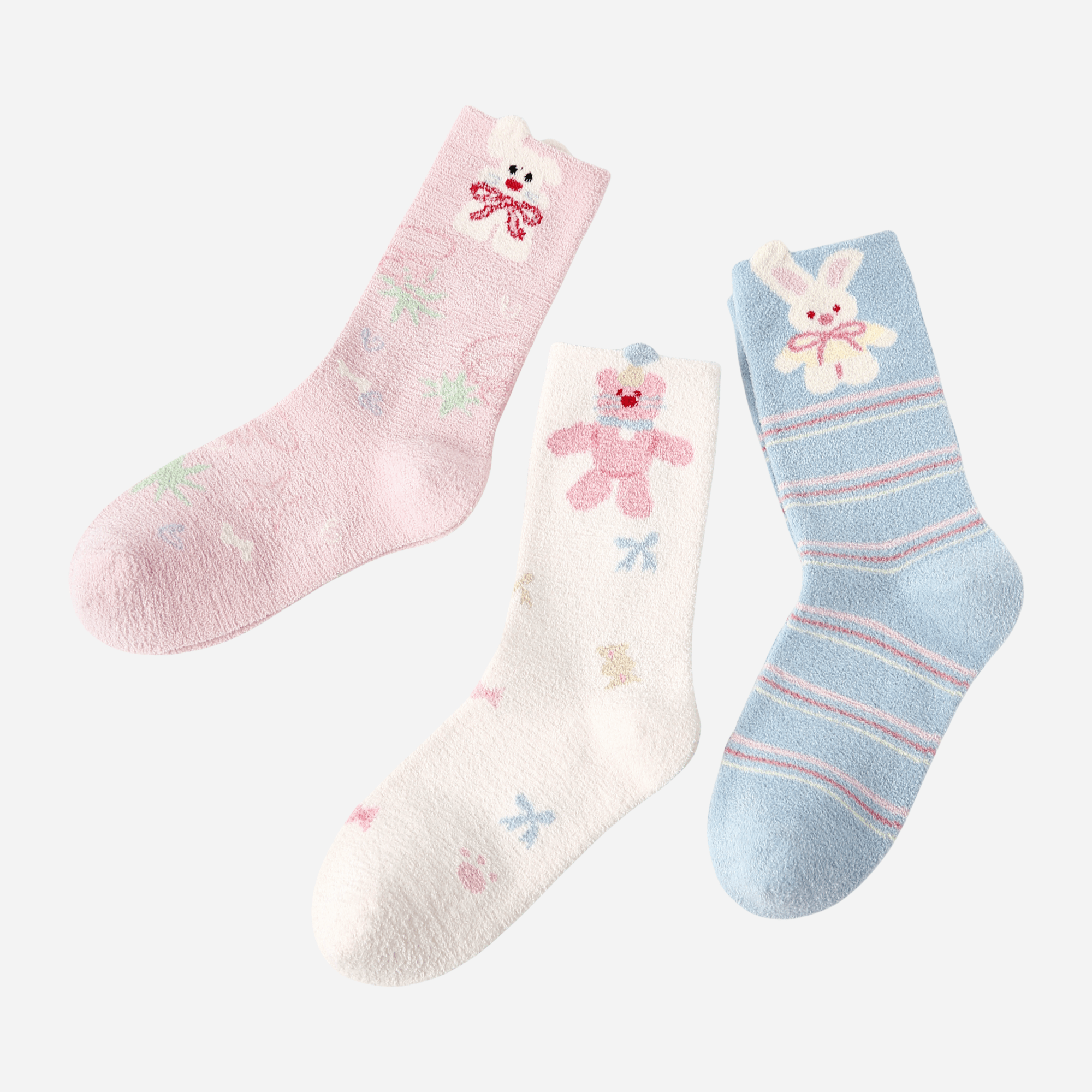 Women's Fuzzy Bunny & Bear Crew Socks - 3 pairs