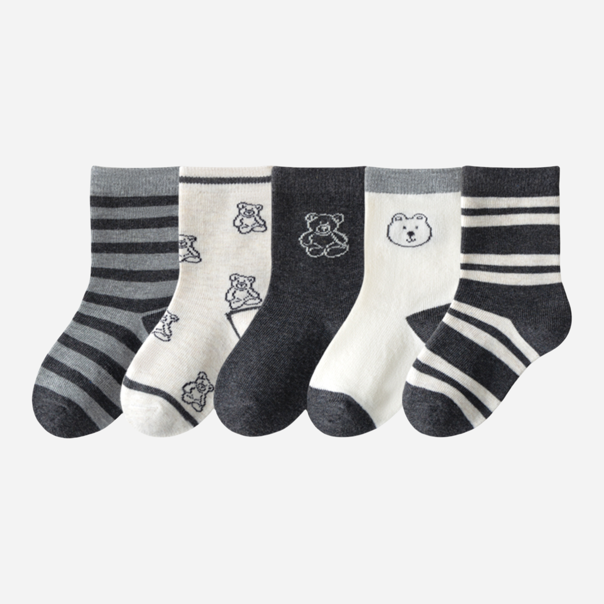 Kid's Bear & Stripe Crew Socks - 5 Pairs