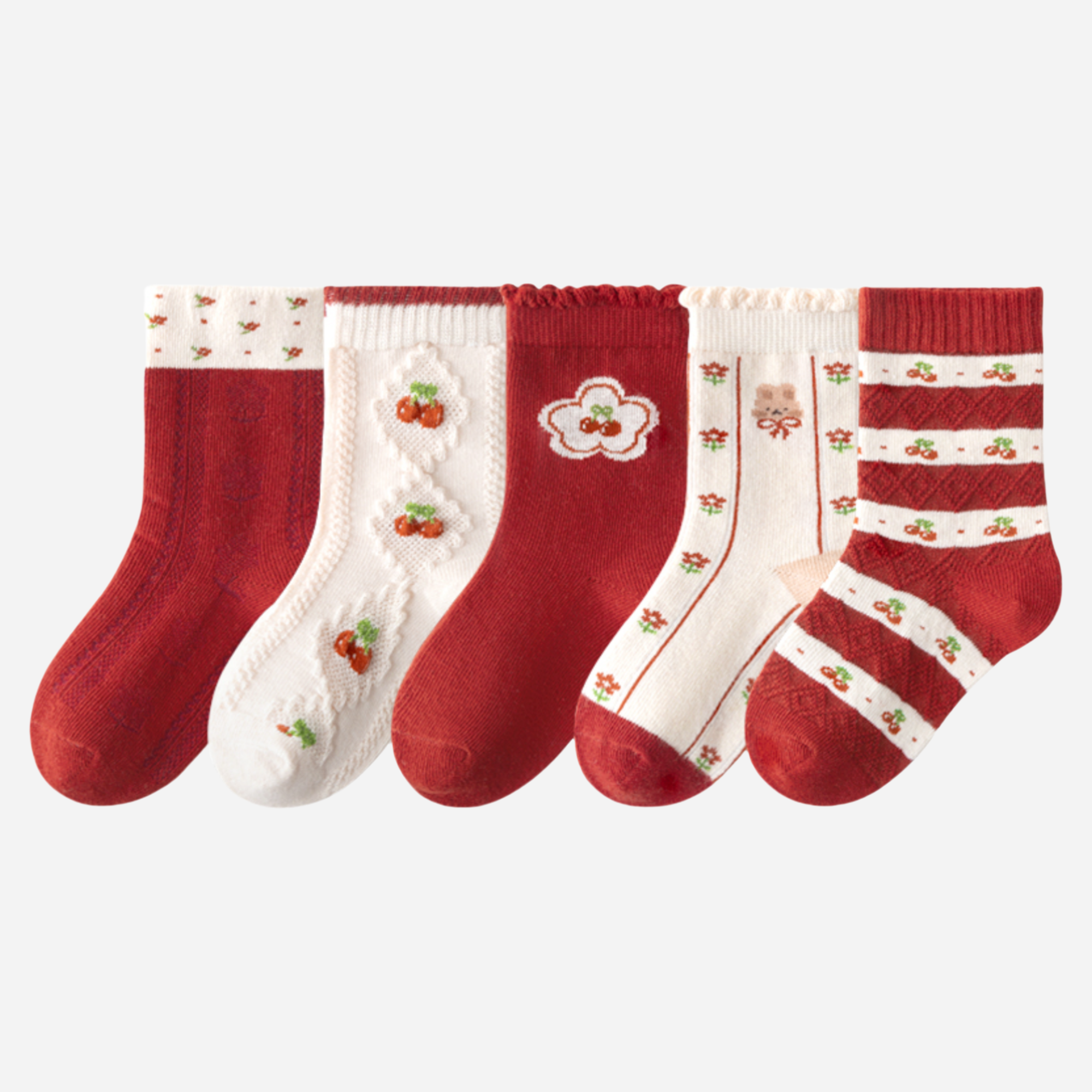 Kid's Girls' Holiday Cherry Crew Socks - 5 Pairs
