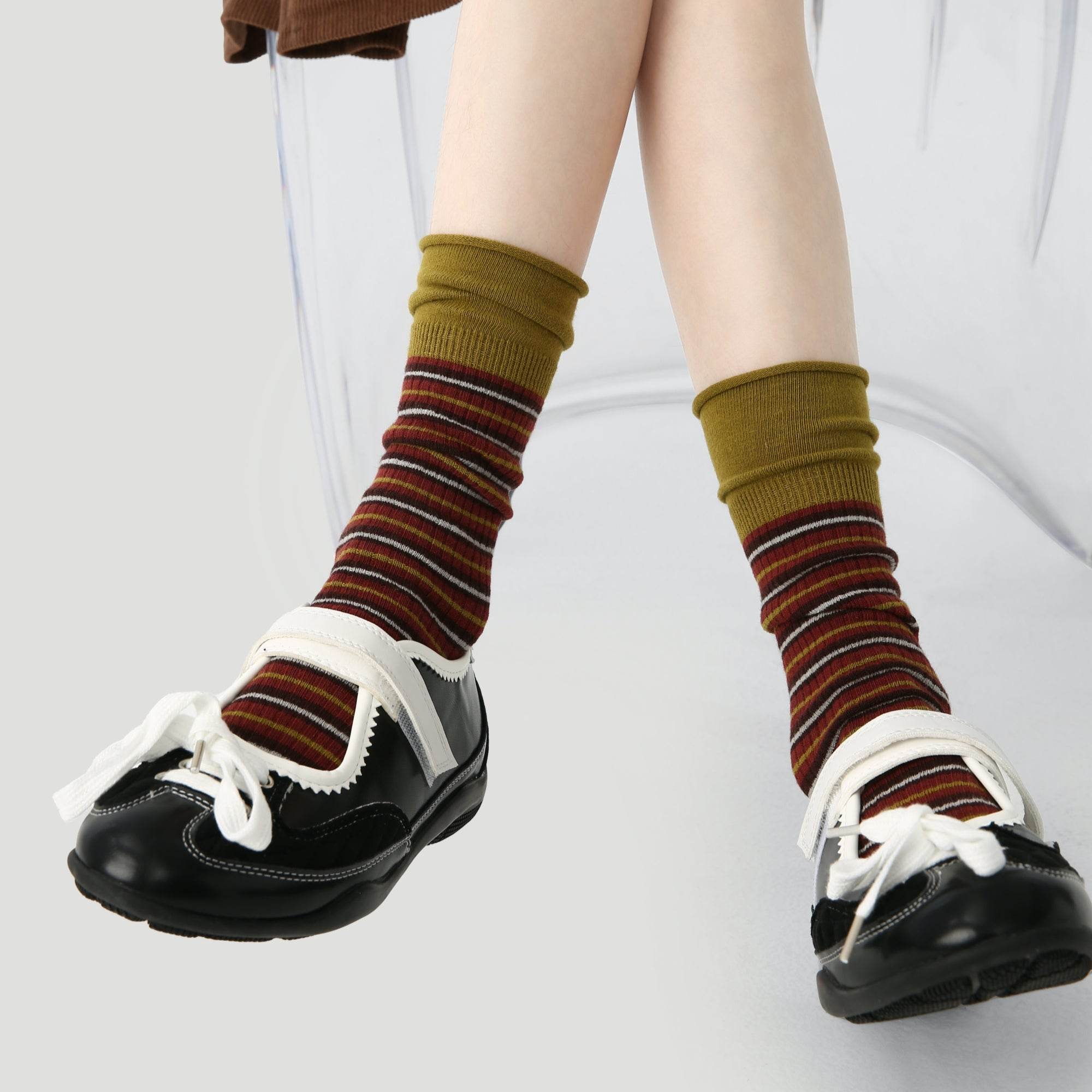 Women's Olive Cuff Stripe Crew Socks - Single Pair