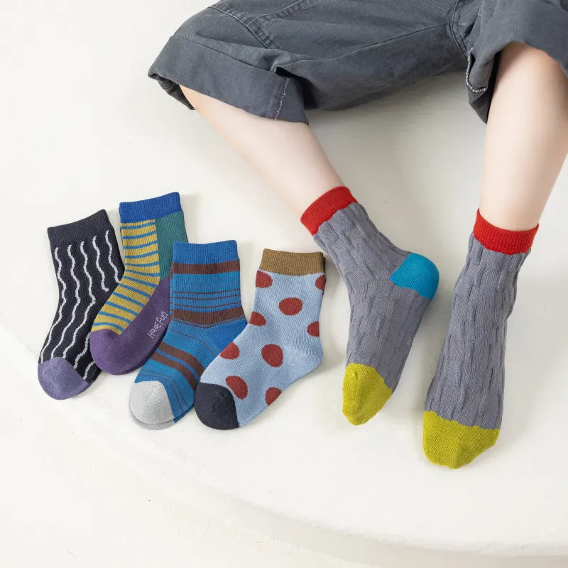 Kid's Modern Retro Style Crew Socks - 5 Pairs