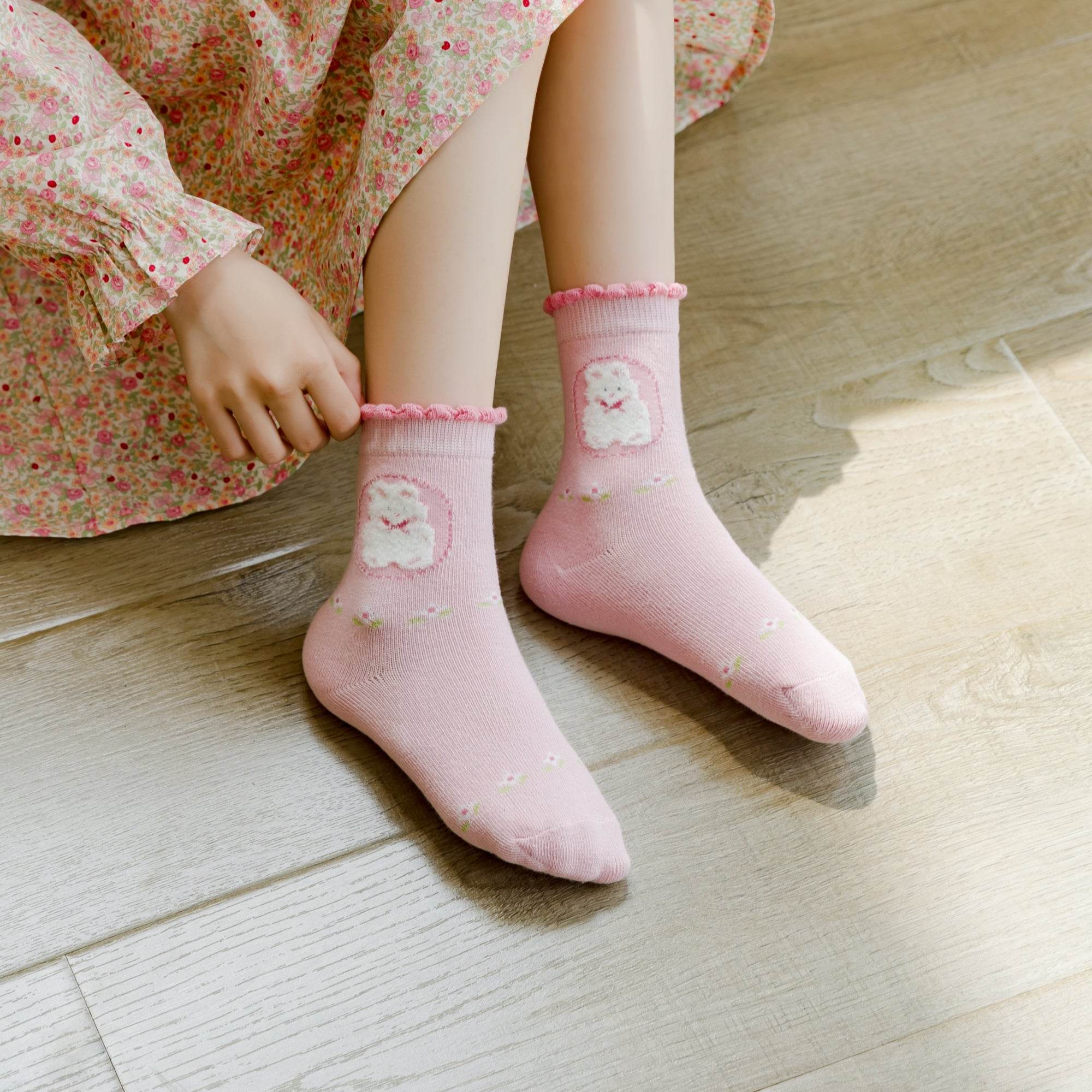 Kid's Girls' Dainty Floral & Bear Crew Socks - 5 Pairs - Weavasocks