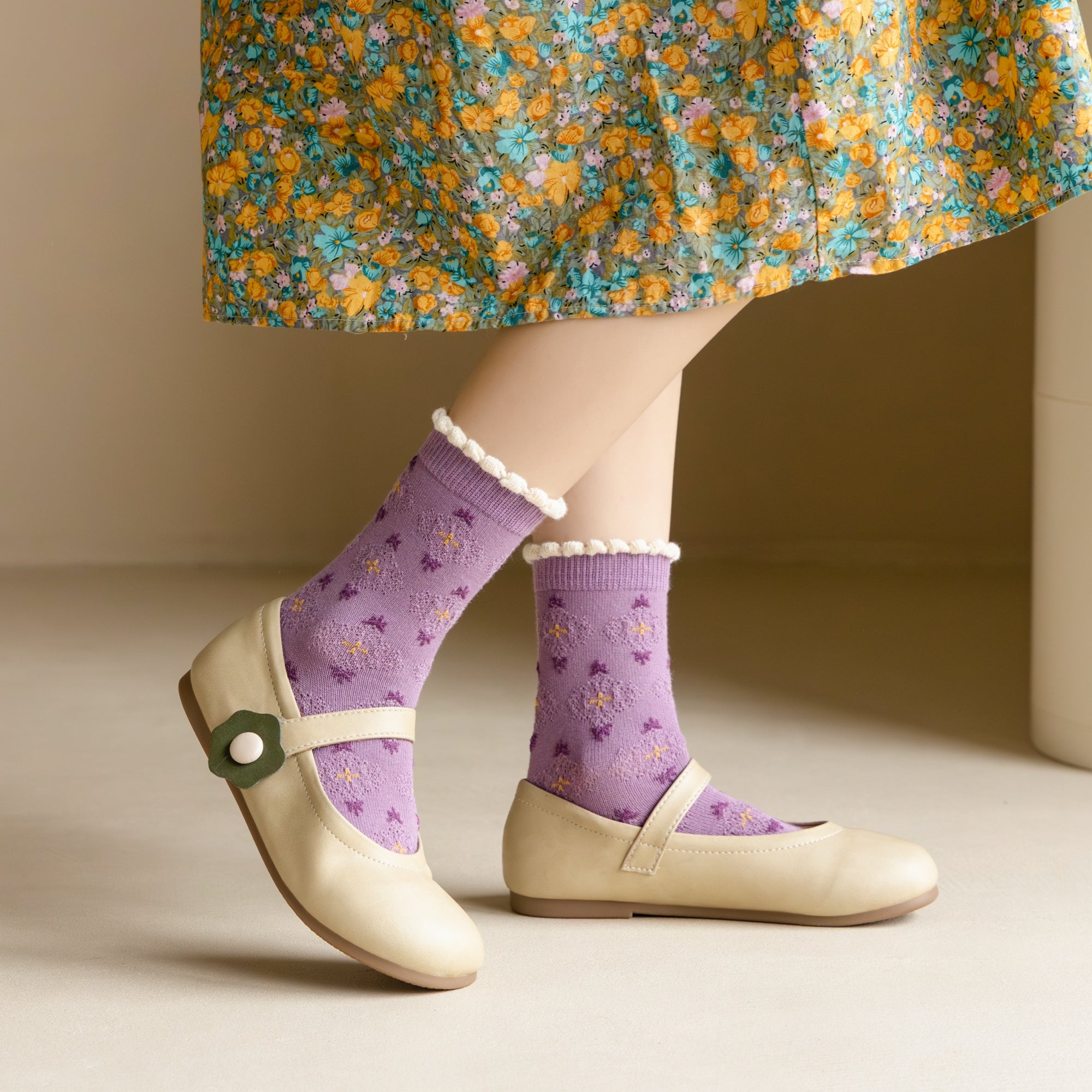 Kid's Girls' Purple Floral Crew Socks - 5 Pairs