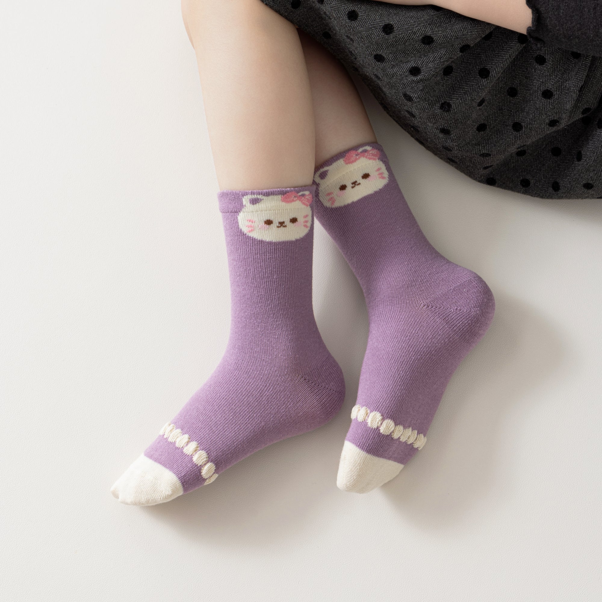 Kid's Lavender Kitten Crew Socks - 5 Pairs