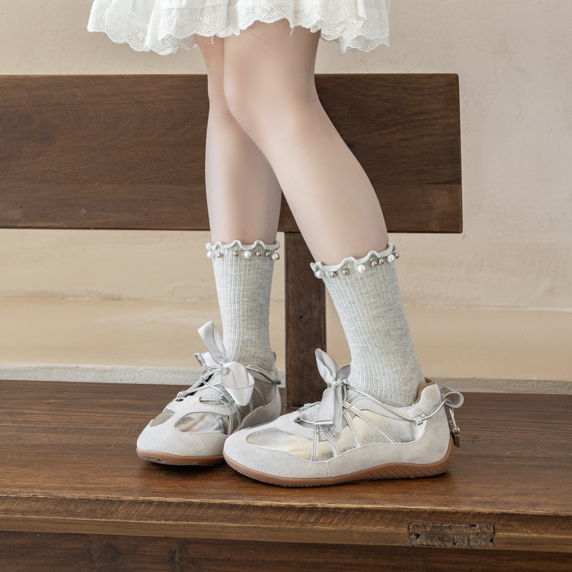 Kid's Dainty Pearl Crew Socks - 2 Pairs