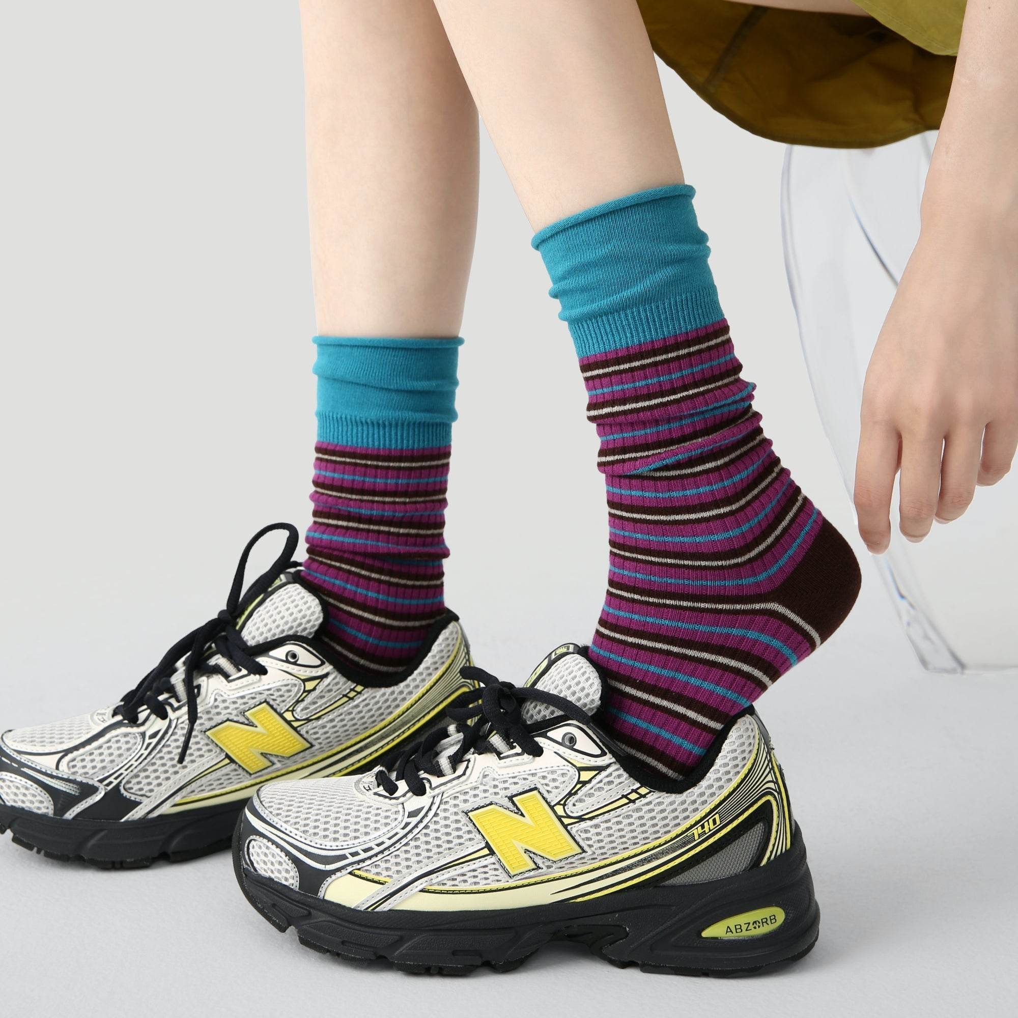 Women's Bright Blue Cuff Stripe Crew Socks - Single Pair