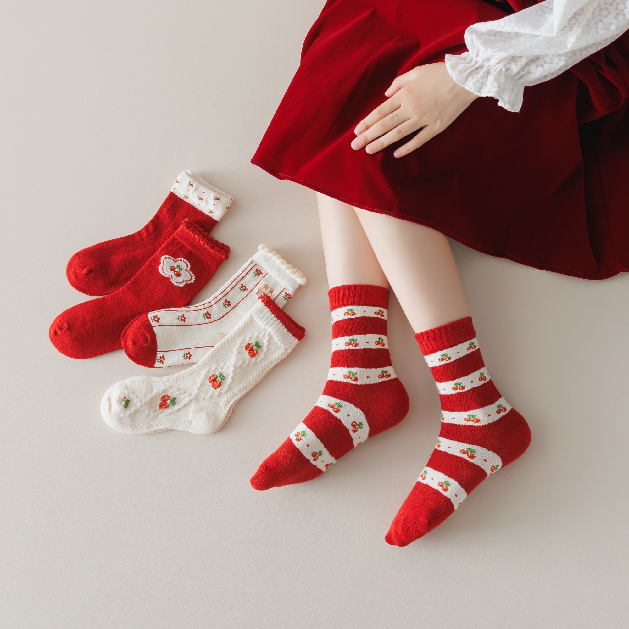 Kid's Girls' Holiday Cherry Crew Socks - 5 Pairs