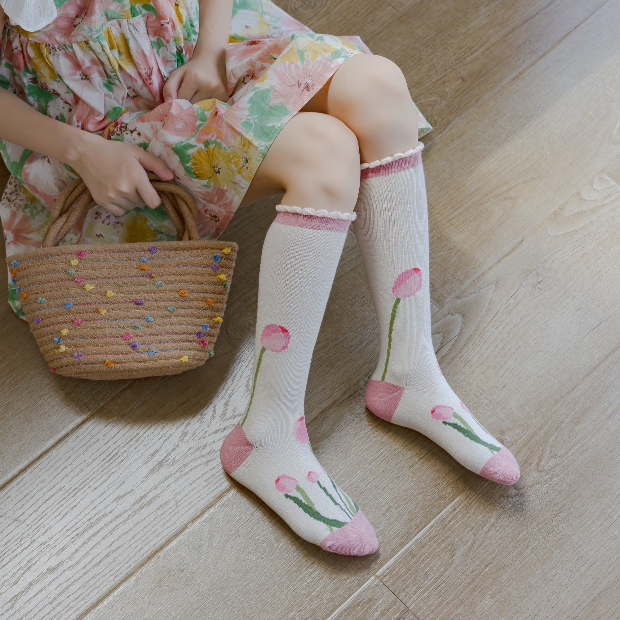 Kid's Girls' Sweet Tulip Floral Knee High Socks - 3 Pairs