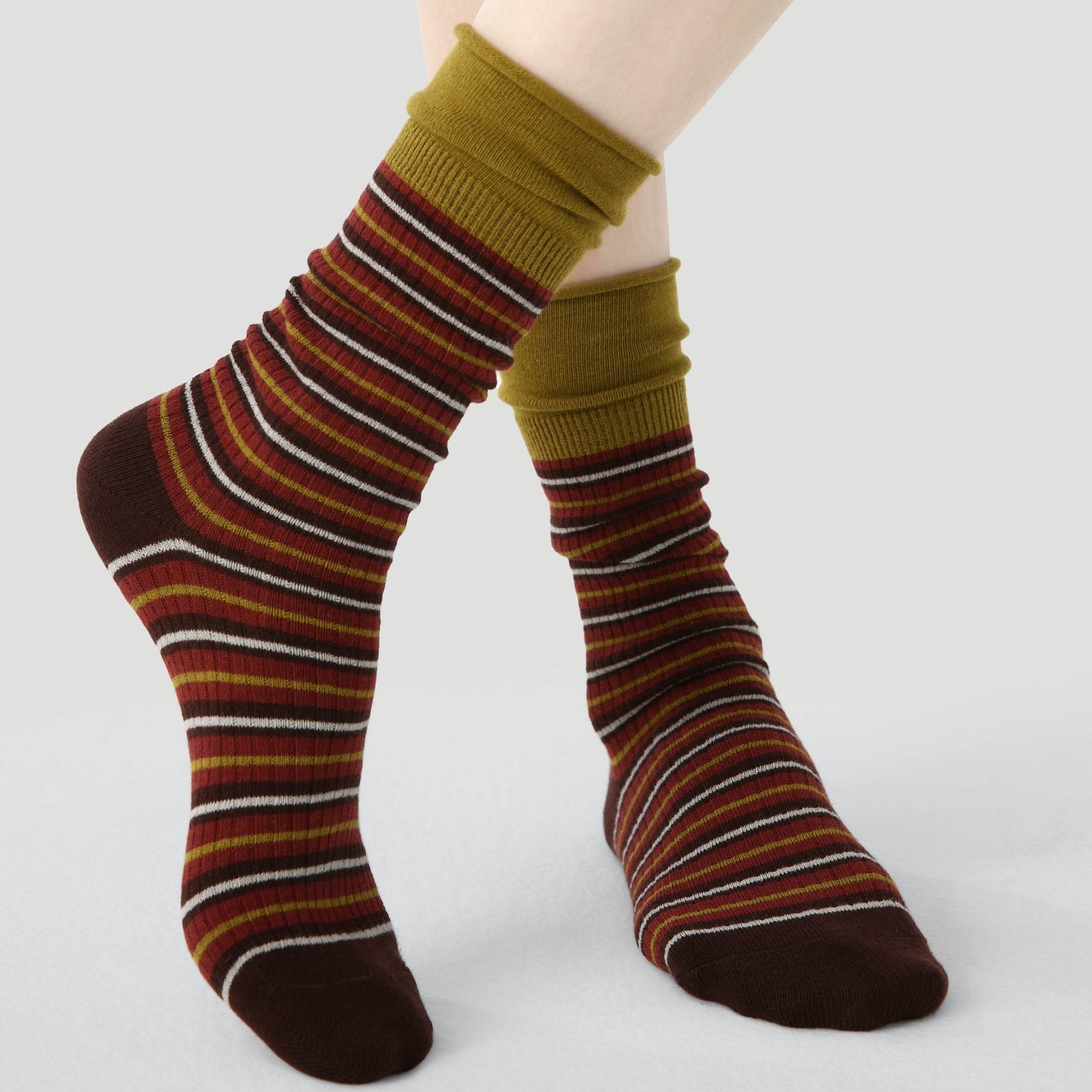 Women's Olive Cuff Stripe Crew Socks - Single Pair