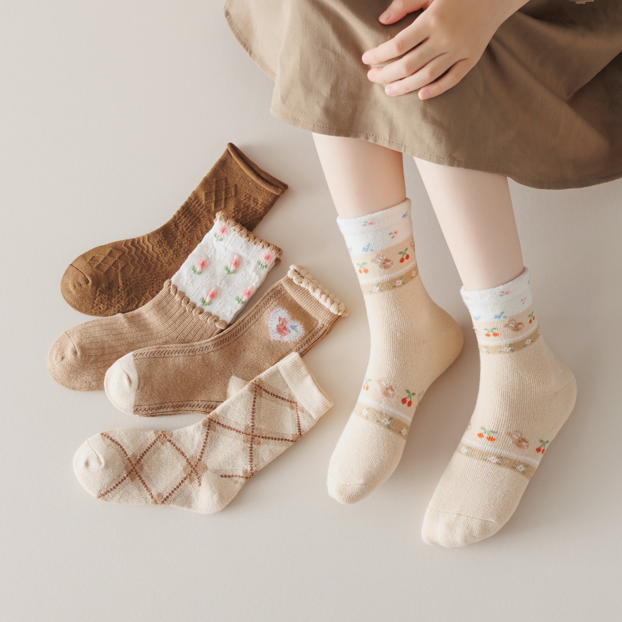 Kid's Girls' Vintage Argyle & Floral Crew Socks - 5 Pairs