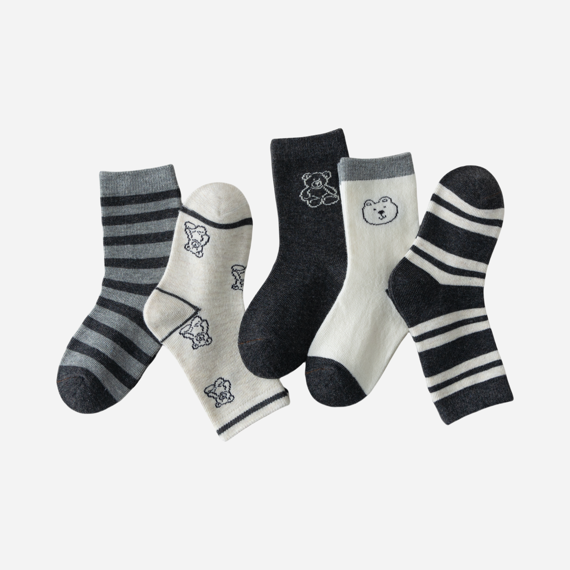 Kid's Bear & Stripe Crew Socks - 5 Pairs