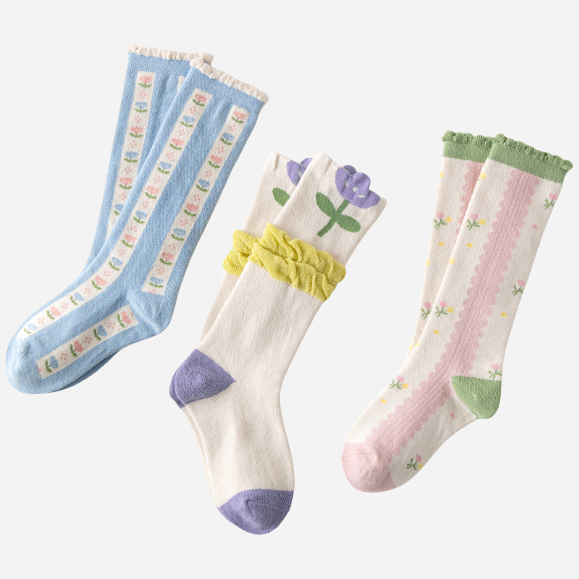 Kid's Girls' Sweet Floral Ruffle Knee High Socks - 3 Pairs