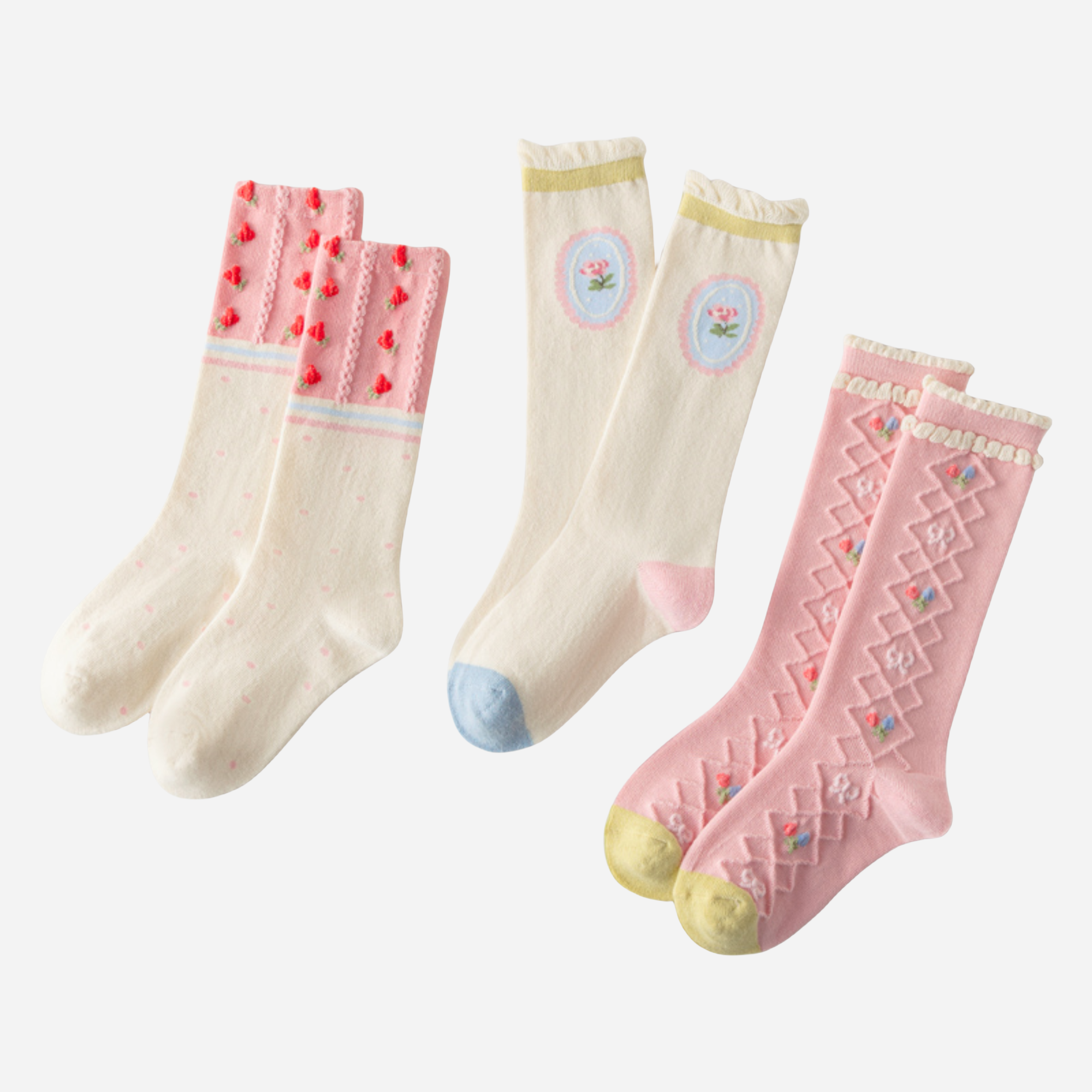 Kid's Girls' Sweet Strawberry & Portrait Knee High Socks - 3 Pairs