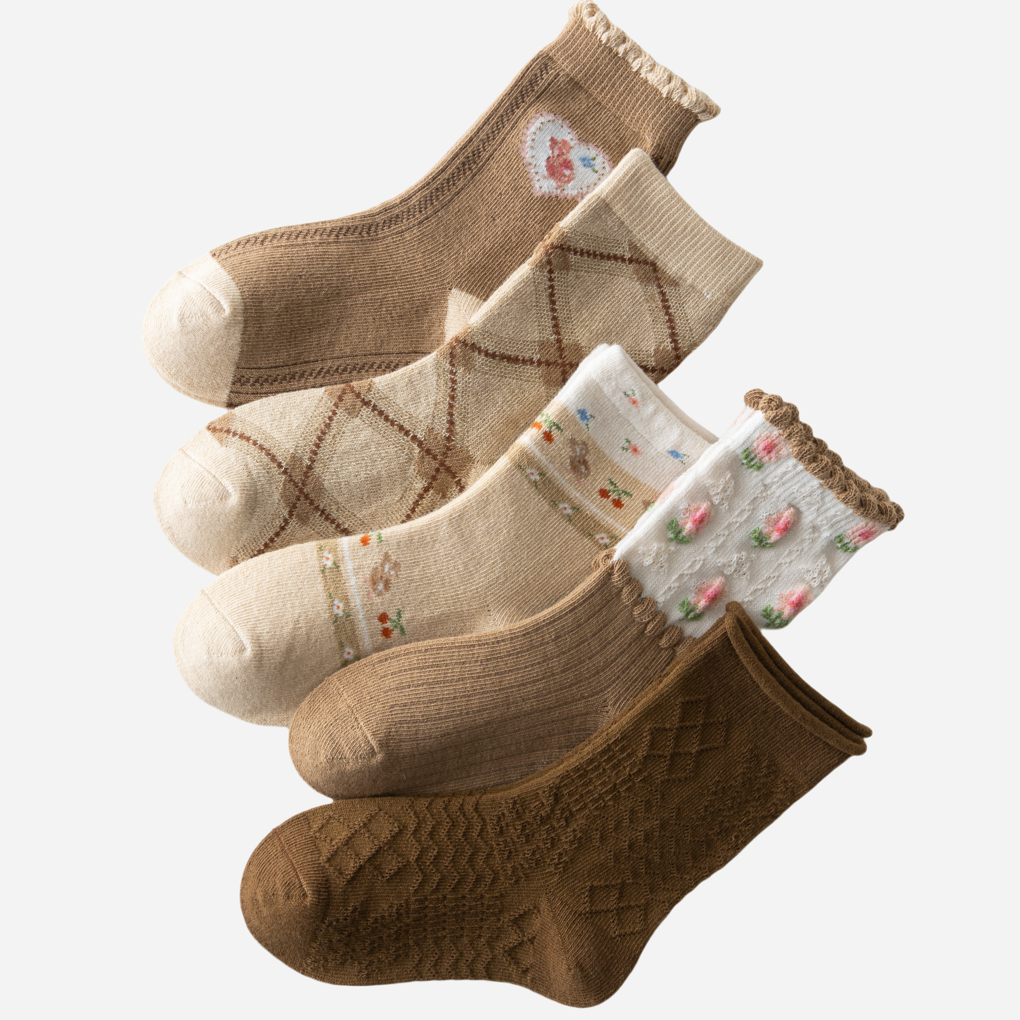 Kid's Girls' Vintage Argyle & Floral Crew Socks - 5 Pairs