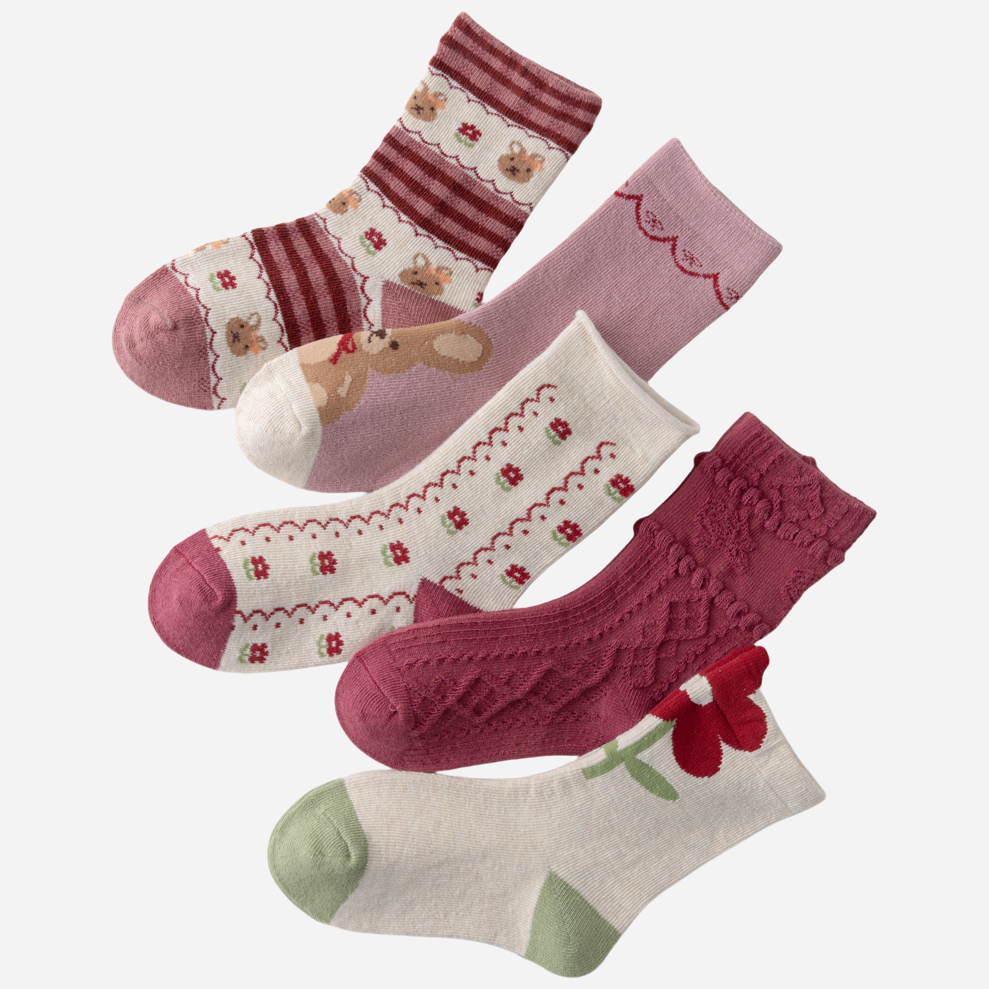 Kid's Girls' Bunny & Floral Crew Socks - 5 Pairs