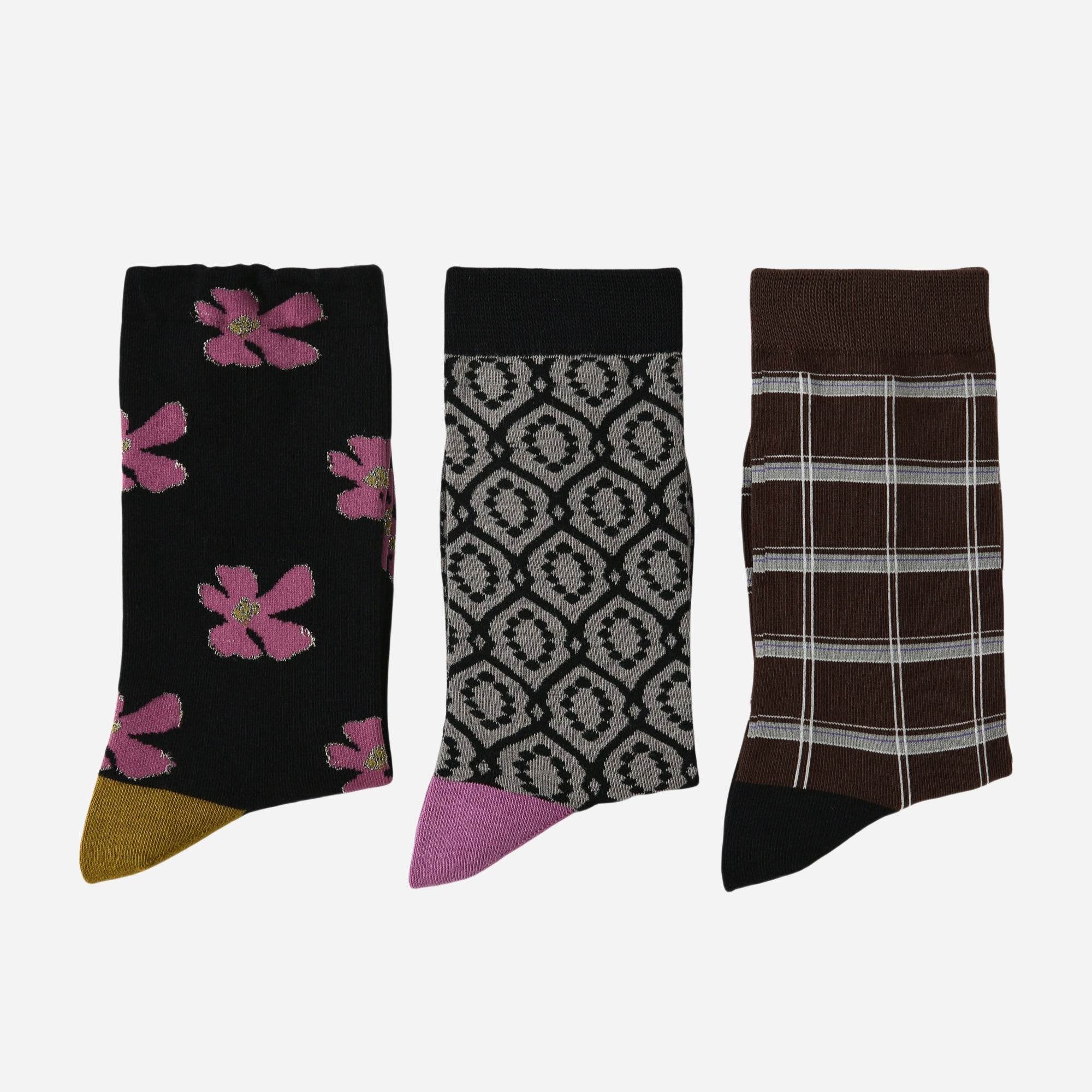 Women's Modern Floral & Plaid Socks - 3 pairs