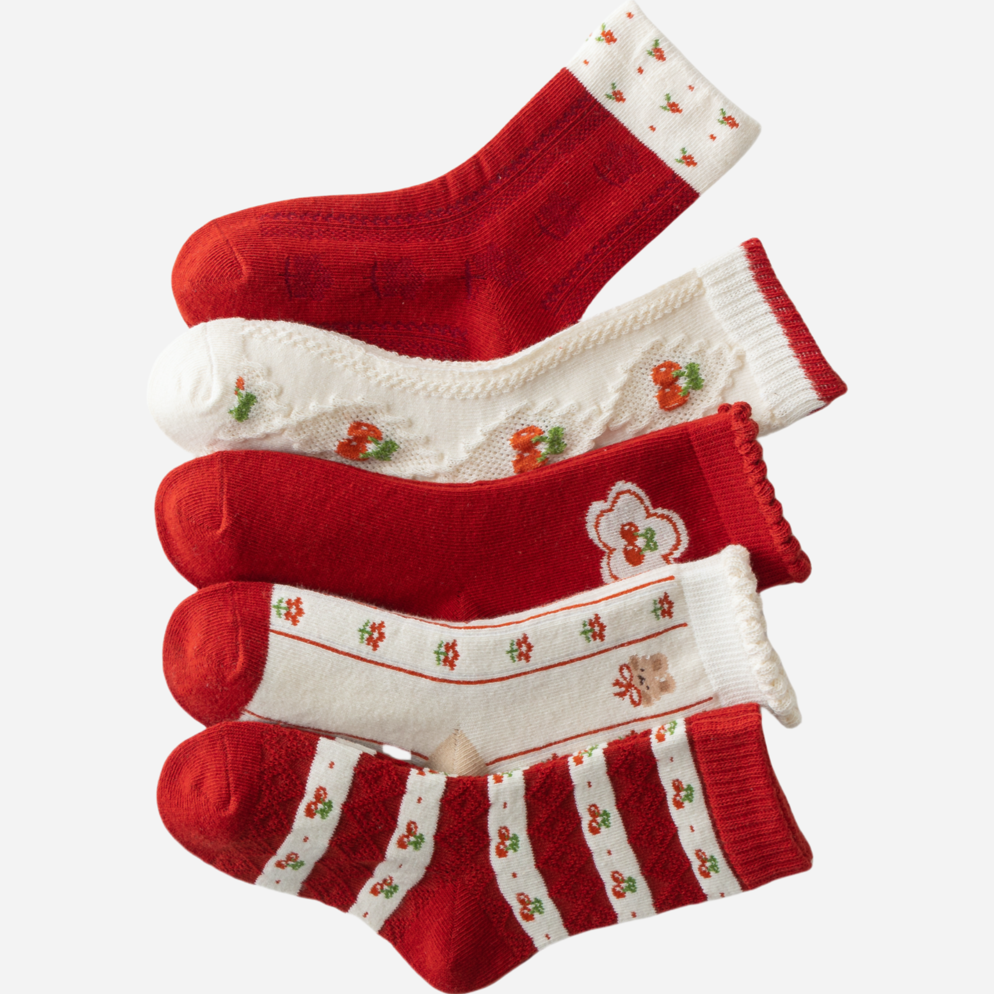 Kid's Girls' Holiday Cherry Crew Socks - 5 Pairs