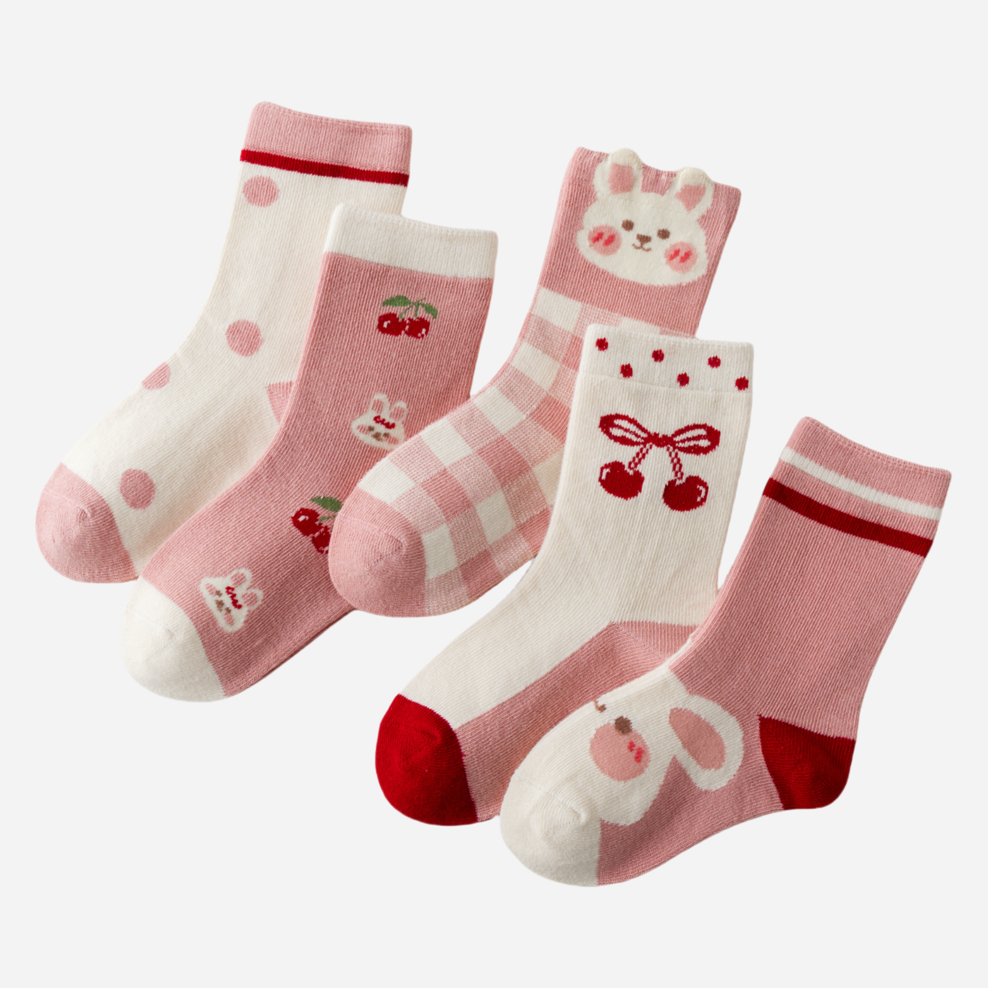 Kid's Girls' Bunny & Cherry Crew Socks - 5 Pairs