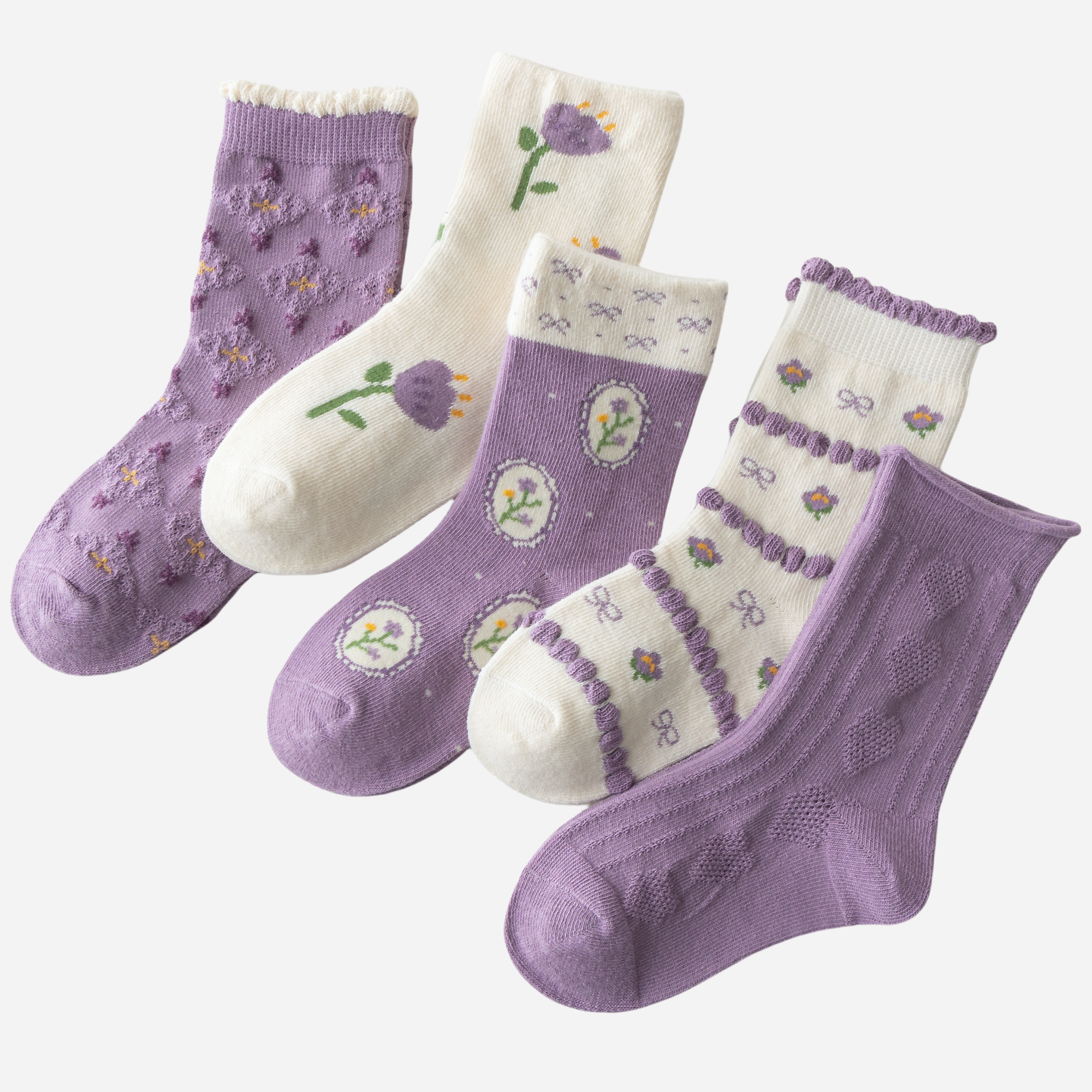 Kid's Girls' Purple Floral Crew Socks - 5 Pairs