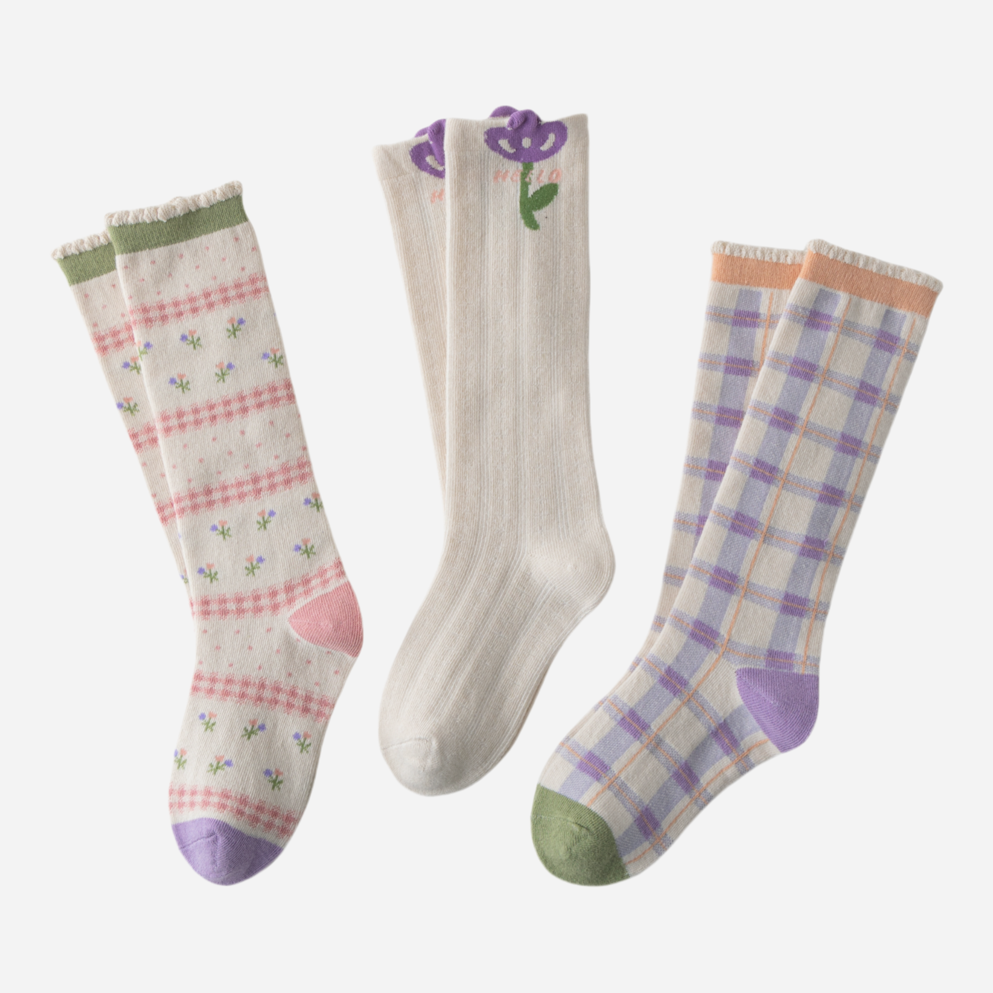 Kid's Floral & Plaid Knee High Socks - 3 Pairs