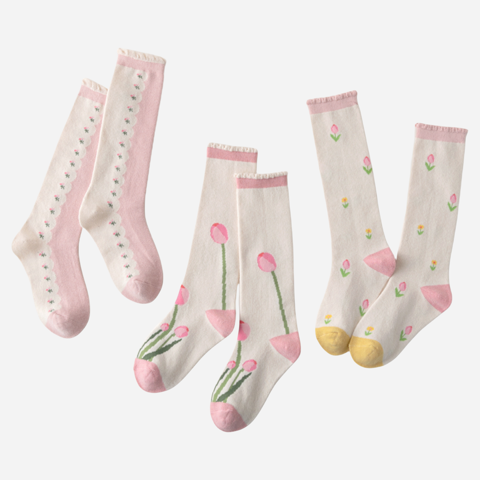 Kid's Girls' Sweet Tulip Floral Knee High Socks - 3 Pairs