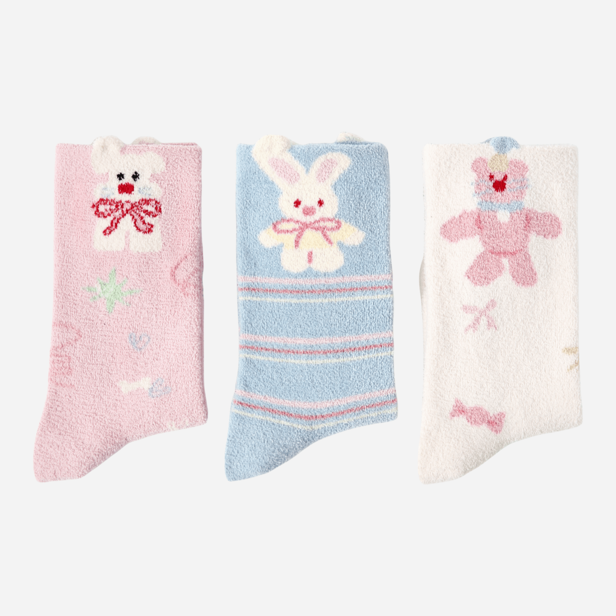 Women's Fuzzy Bunny & Bear Crew Socks - 3 pairs