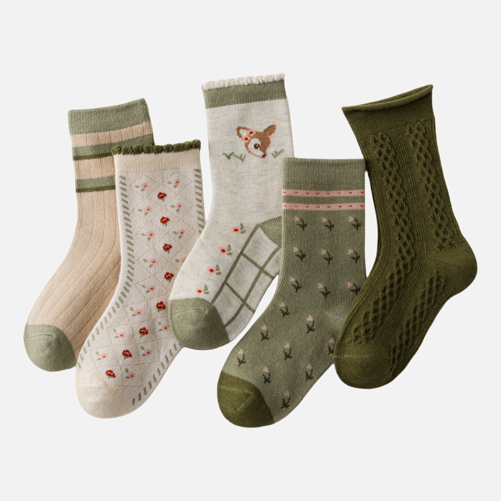 Kid's Girls' Woodland Fawn & Floral Crew Socks - 5 Pairs