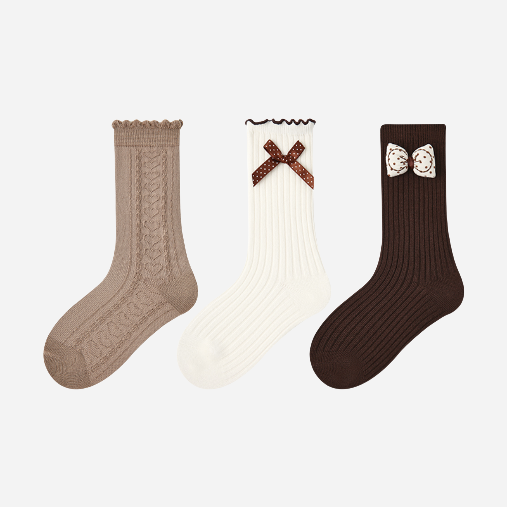 Kid's Girls' Earthy Bow Crew Socks - 3 Pairs