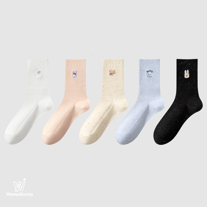 Women's Cotton Crew Socks Embroidery-5 Pack - Weavasocks