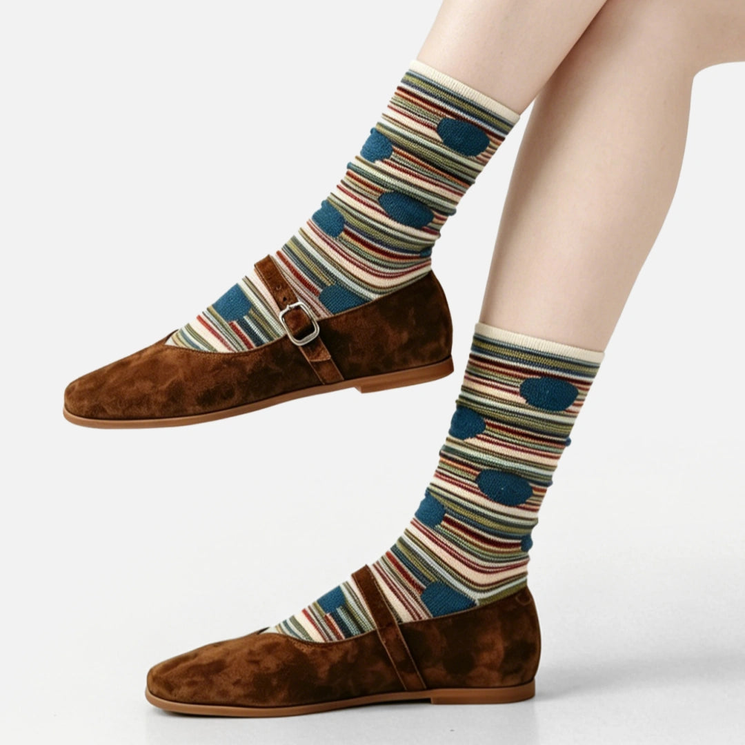 Women's Designer 3D Botanical Leaf & Shimmer Stripe Crew Socks (3-Pack)