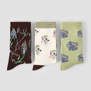Women's Designer 3D Botanical & Shimmer Floral Crew Socks (3-Pack)