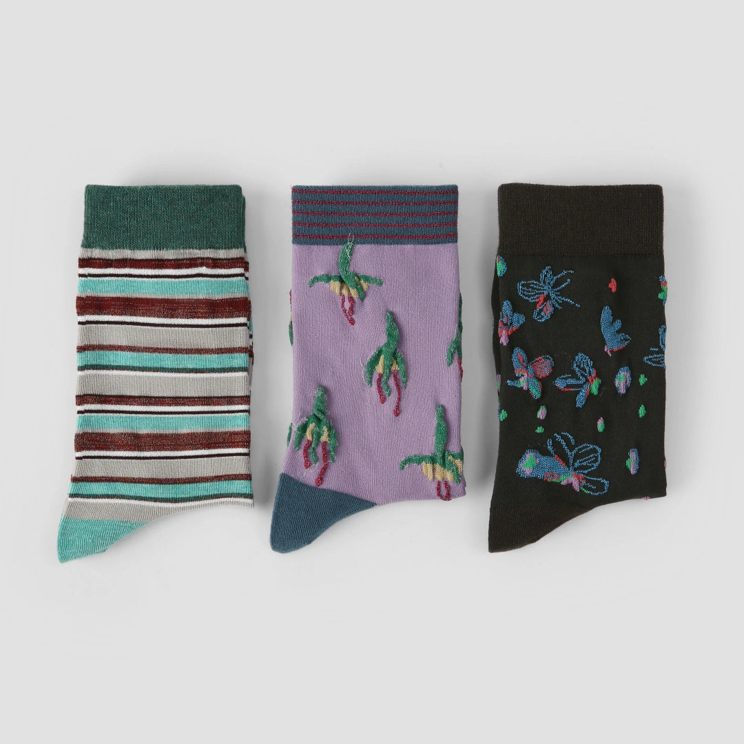 Women's Designer 3D Tufted Floral & Metallic Stripe Crew Socks (3-Pack)