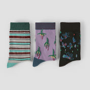 Women's Designer 3D Tufted Floral & Metallic Stripe Crew Socks (3-Pack)