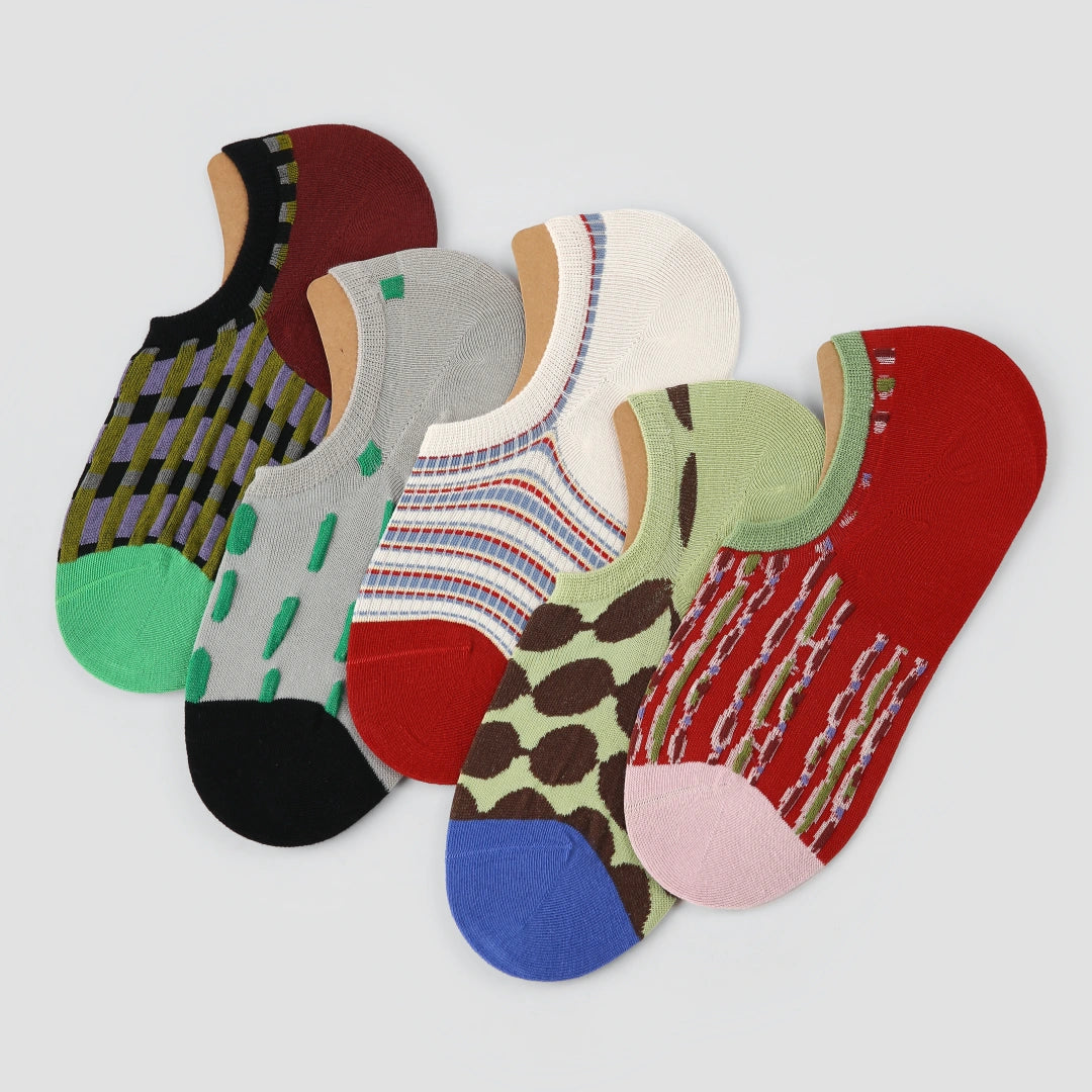 "Artisan Pulse" Women's 3D Jacquard No-Show Socks 5-Pack - sock set showing secure grip comfort