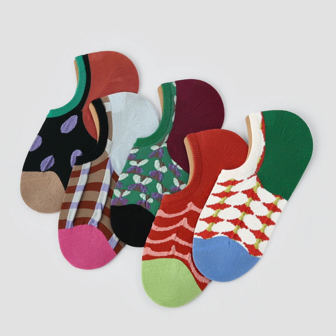 Women's Designer Jacquard No-Show Socks (5-Pack) - sock set showing secure grip comfort