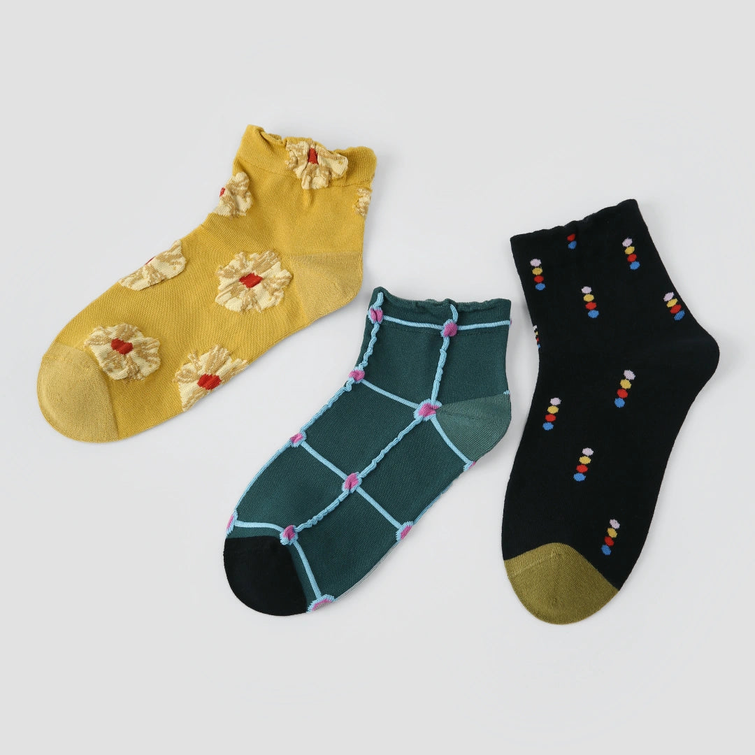 Artistic Color-Block Ankle Socks 3-Pack
