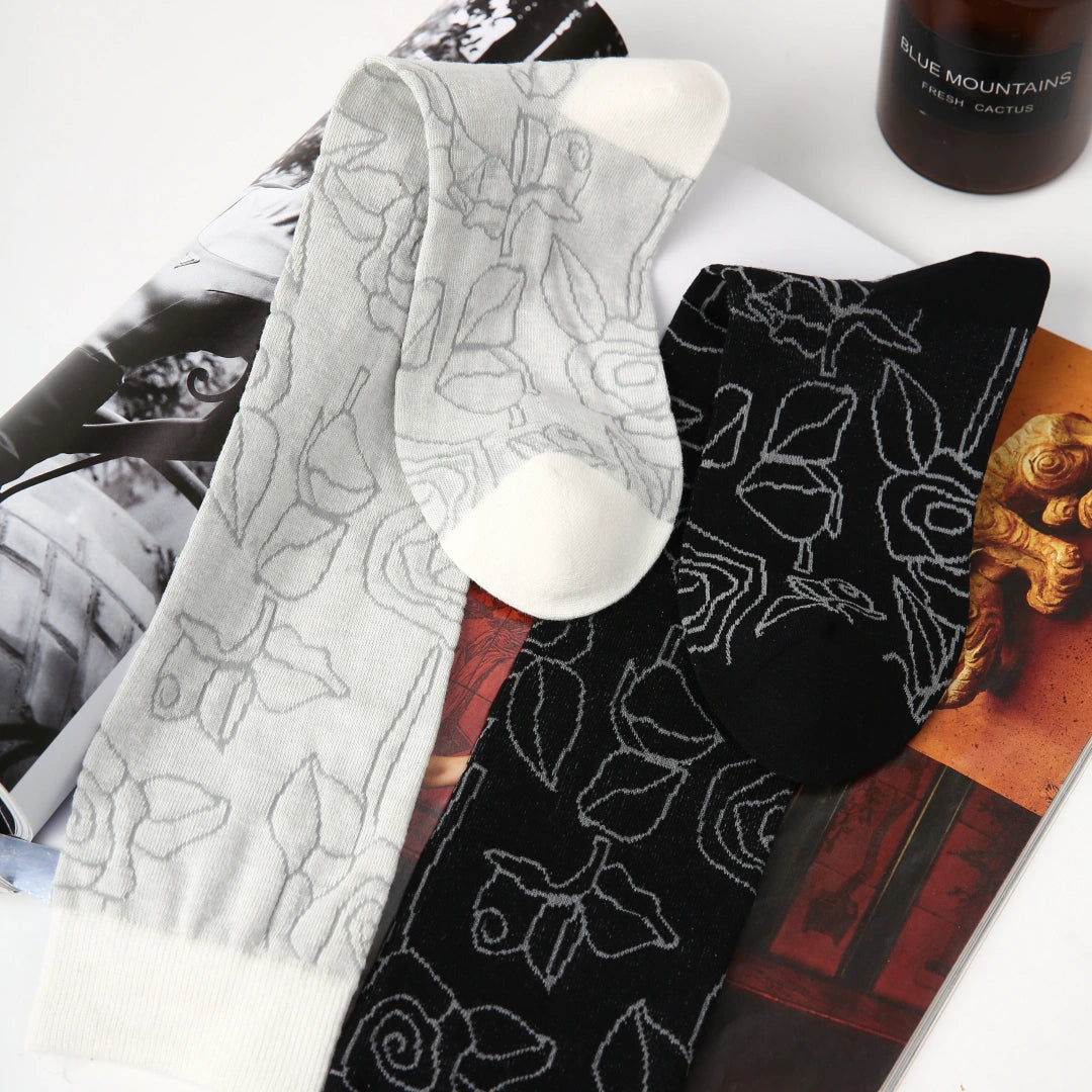 Women's Sheer Graphic Rose Calf Socks - product photo showing seamless stretch comfort
