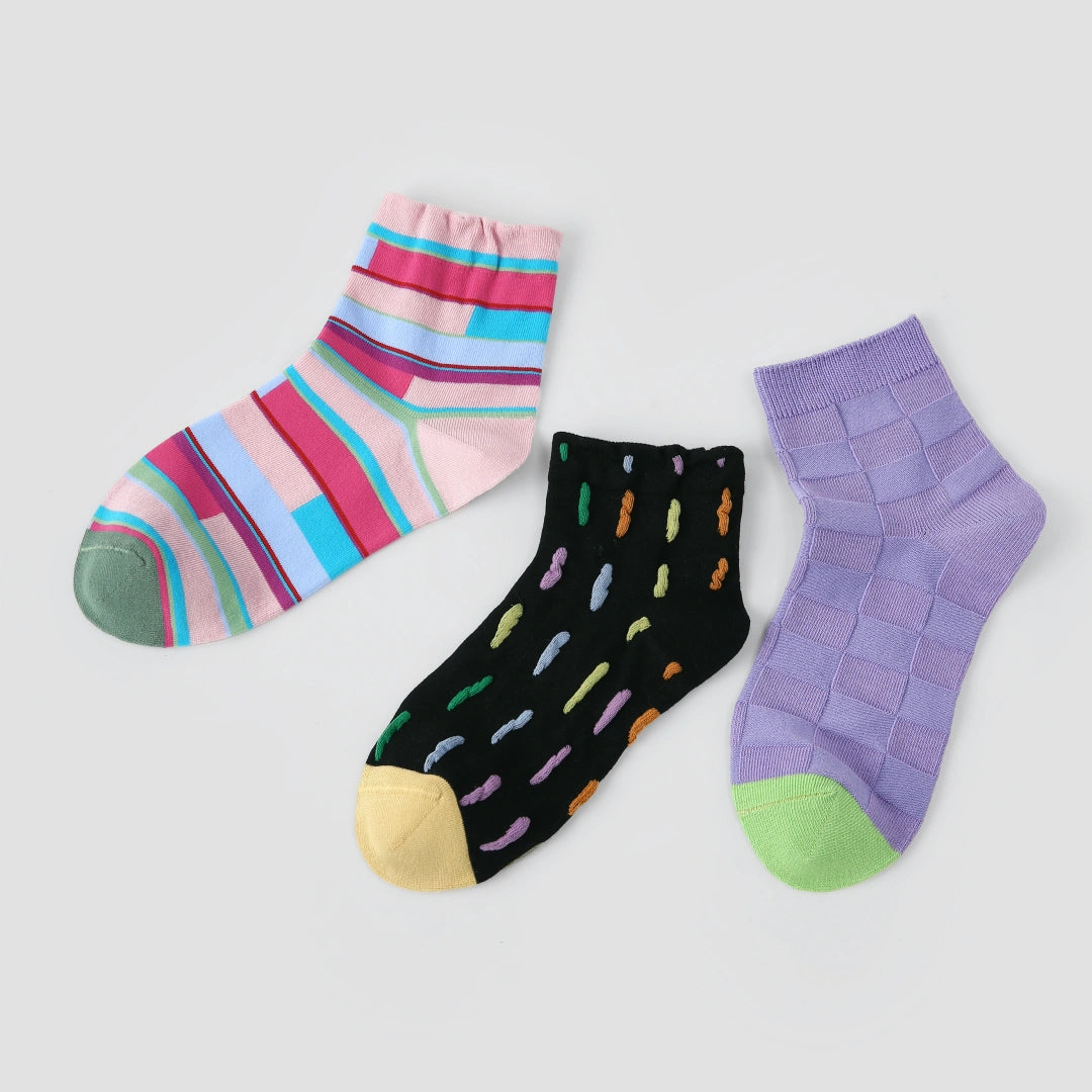 "Mosaic Dream" Geometric Color-block Ankle Socks 3-Pack