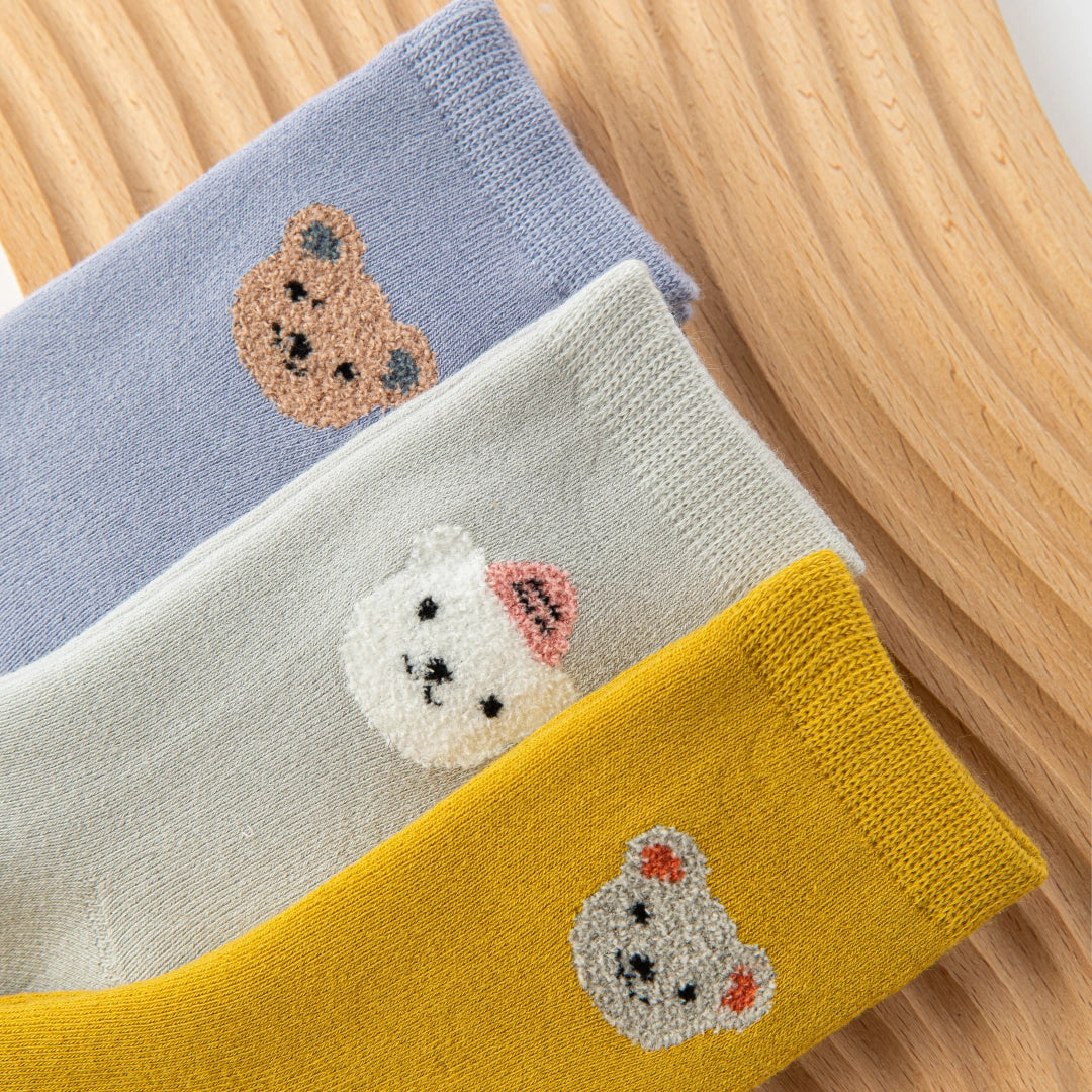 Baby’s Fuzzy Terry Bear Embroidery Socks 3-Pack
