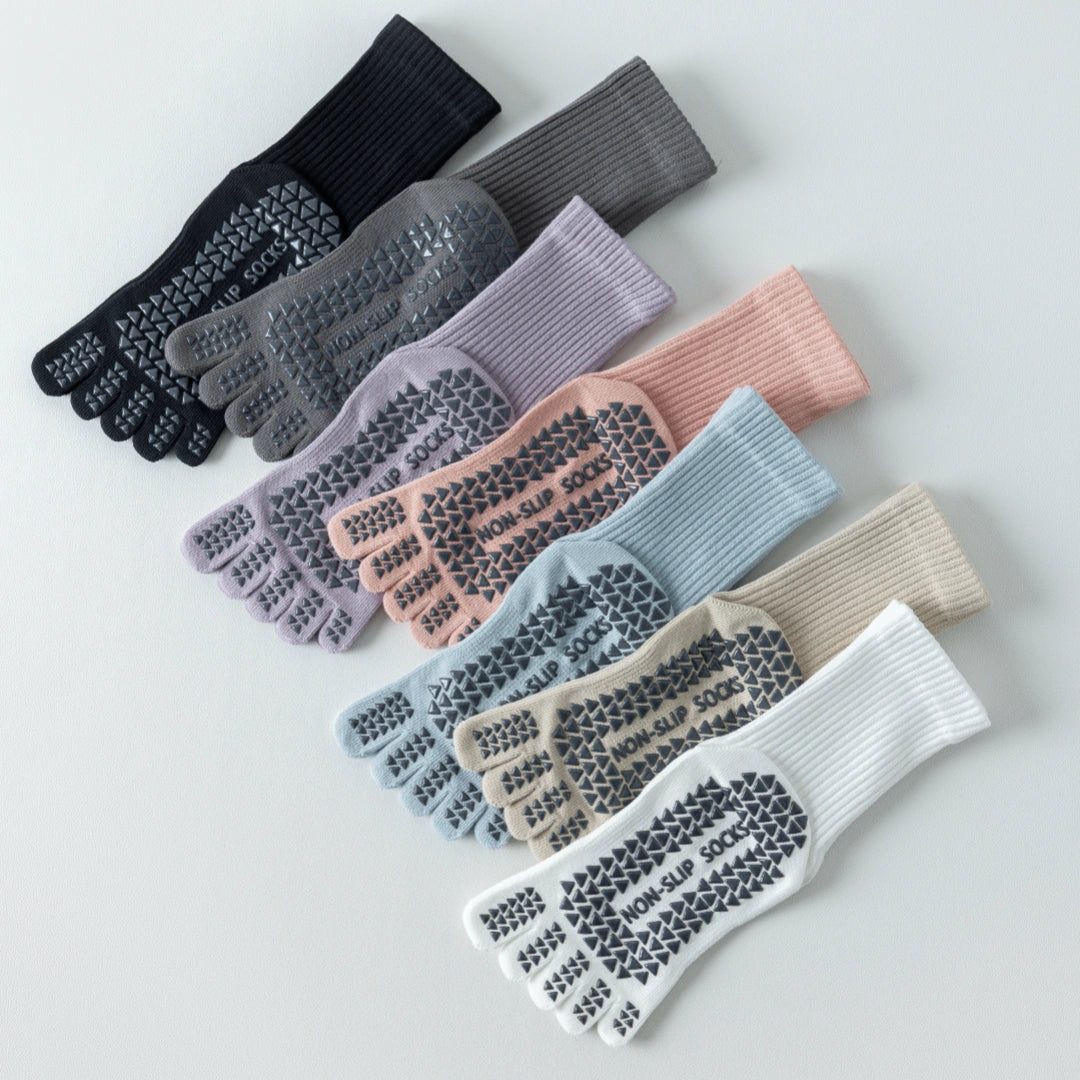 Women's Five-Toe Yoga Crew Socks - detail photo showing secure grip comfort