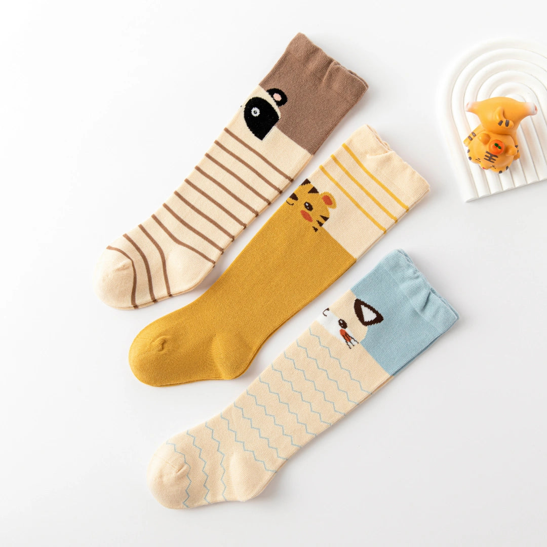 Baby’s Cartoon Tiger & Panda Striped Knee-High Socks 3-Pack