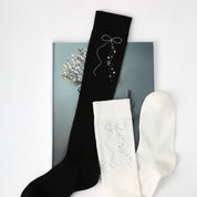 Women's Sheer Diamante Bow Calf Socks - product photo showing seamless stretch comfort