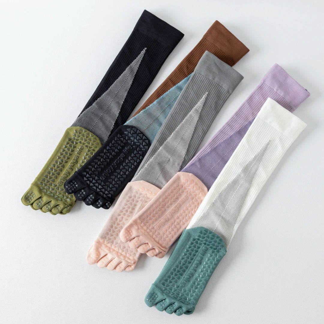 Professional Non-Slip Five-Toe Yoga Knee-High Socks - detail photo showing secure grip comfort